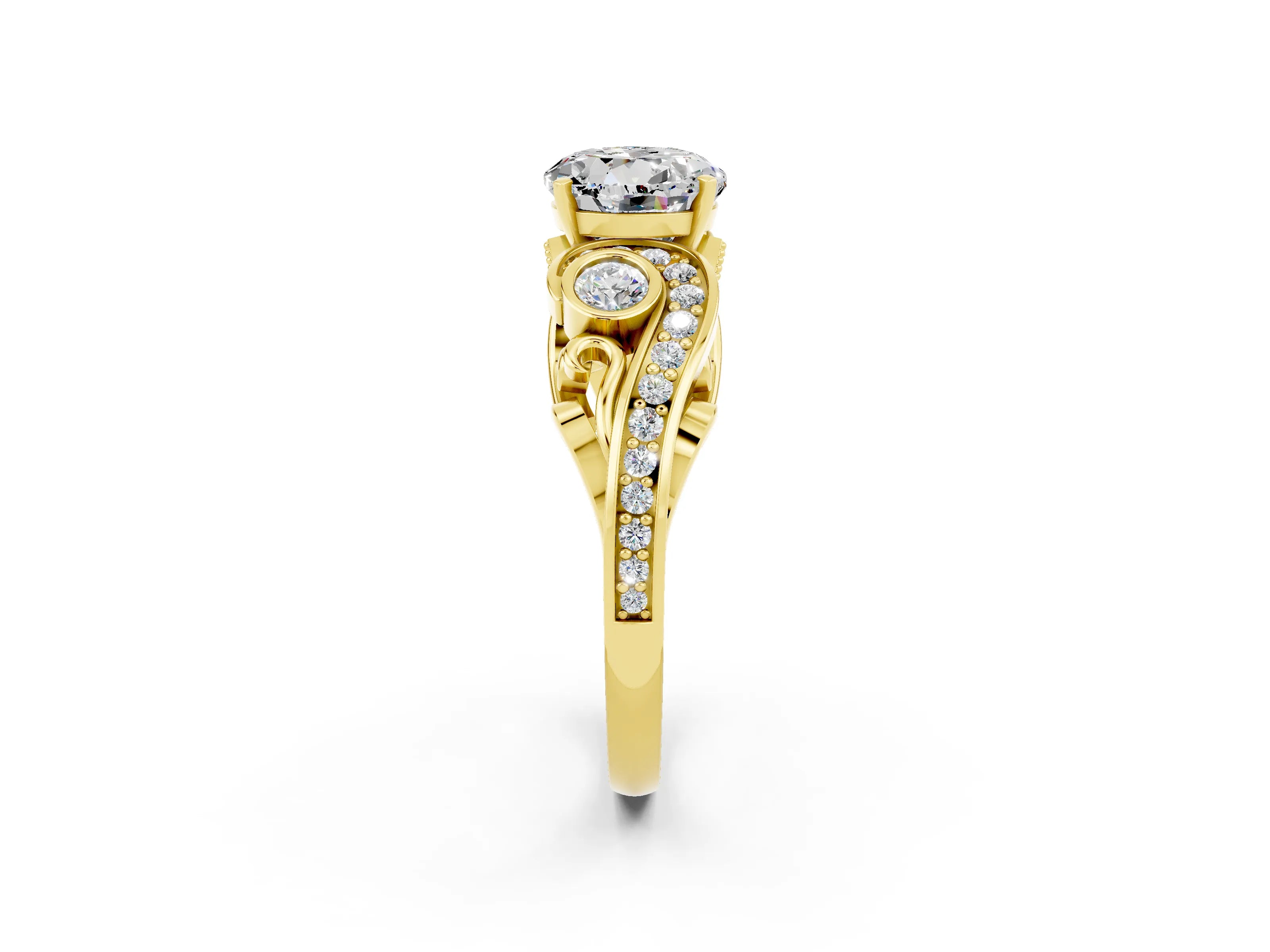 Yellow gold Round Cut Moissanite Solitaire Ring with Milgrain Pavé Band and Four-Prong Setting_26