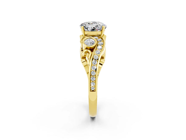Yellow gold Round Cut Moissanite Solitaire Ring with Milgrain Pavé Band and Four-Prong Setting