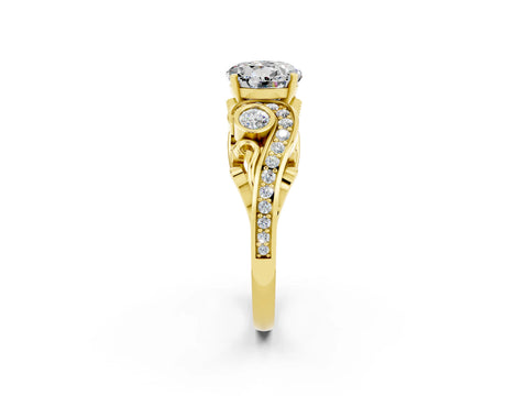 Yellow gold Round Cut Moissanite Solitaire Ring with Milgrain Pavé Band and Four-Prong Setting_26