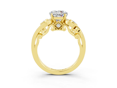 Yellow gold Round Cut Moissanite Solitaire Ring with Milgrain Pavé Band and Four-Prong Setting_27