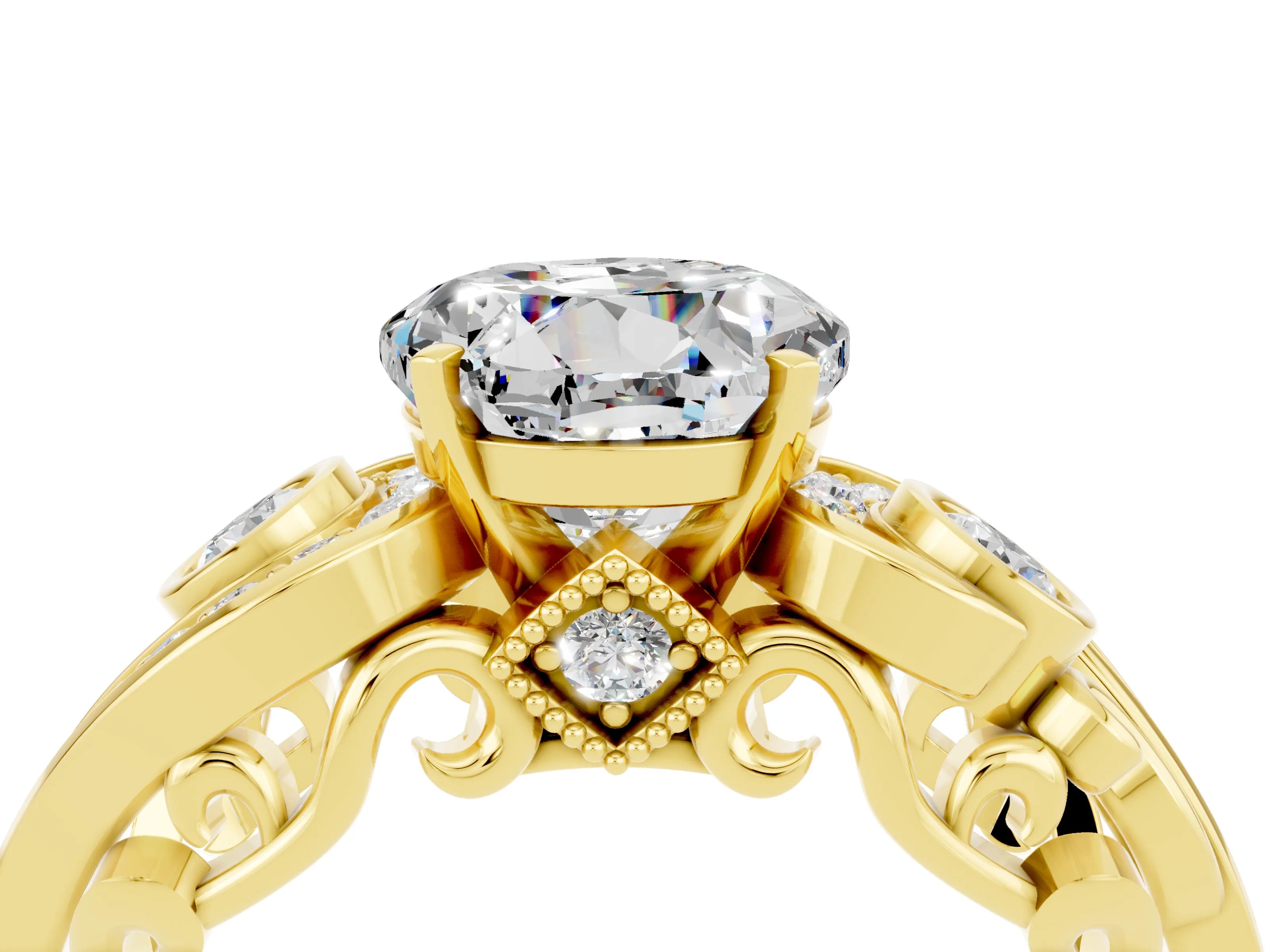 Yellow gold Round Cut Moissanite Solitaire Ring with Milgrain Pavé Band and Four-Prong Setting_28