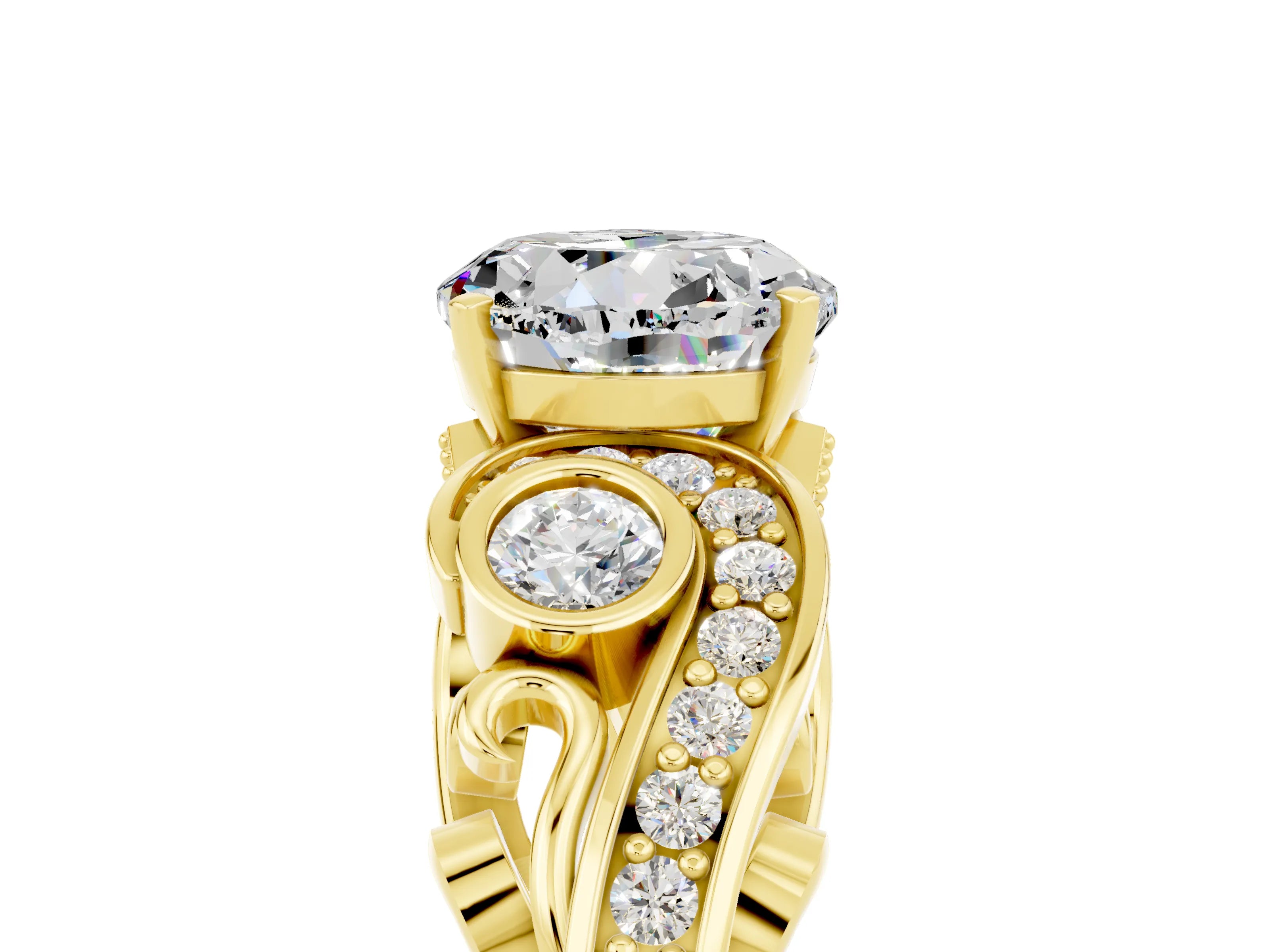 Yellow gold Round Cut Moissanite Solitaire Ring with Milgrain Pavé Band and Four-Prong Setting_29