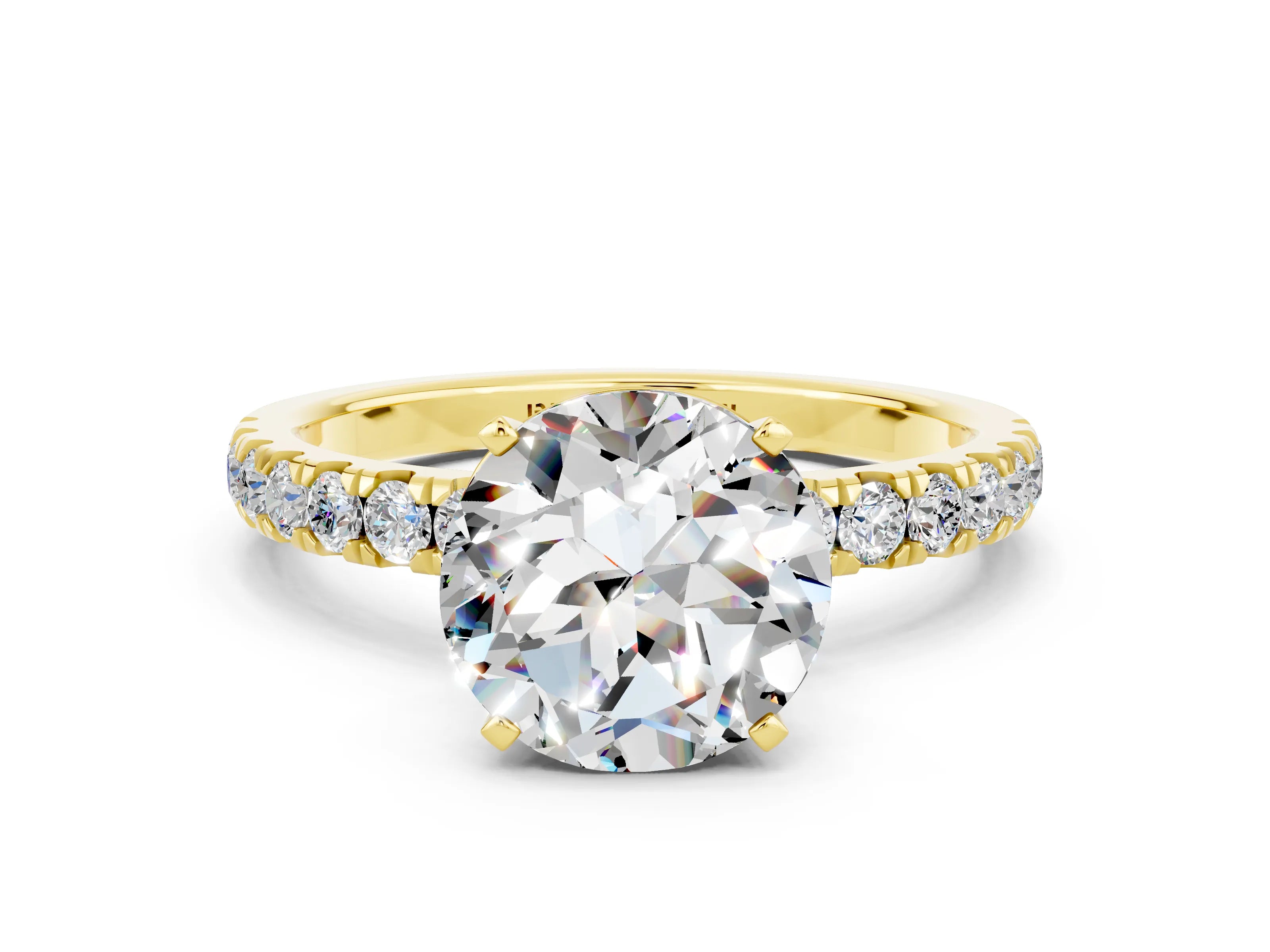 Yellow gold Round Cut Moissanite Solitaire Ring with Pavé Accents and Four-Prong Setting