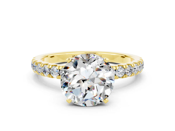 Yellow gold Round Cut Moissanite Solitaire Ring with Pavé Accents and Four-Prong Setting