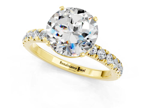 Yellow gold Round Cut Moissanite Solitaire Ring with Pavé Accents and Four-Prong Setting_1