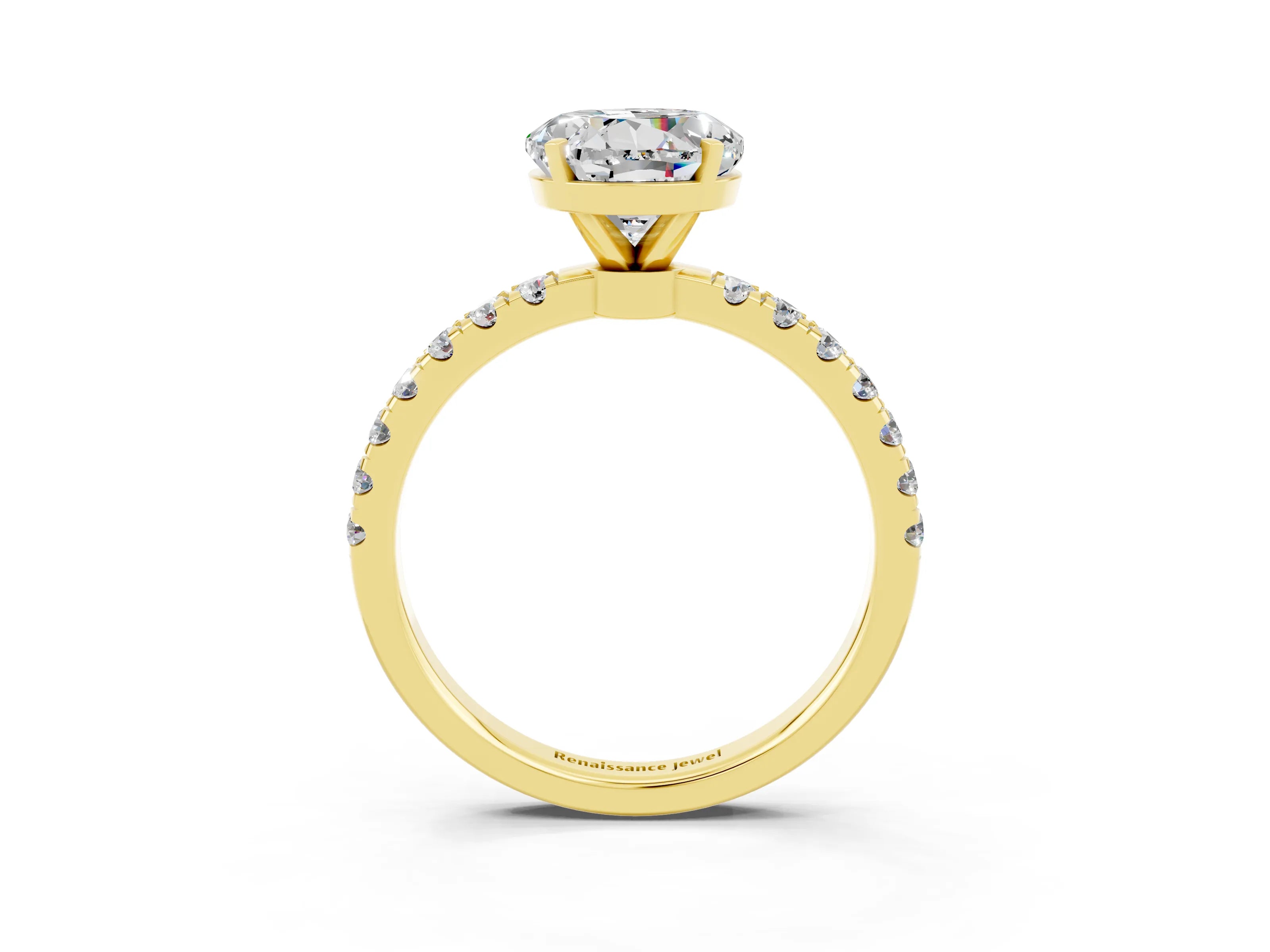 Yellow gold Round Cut Moissanite Solitaire Ring with Pavé Accents and Four-Prong Setting_3