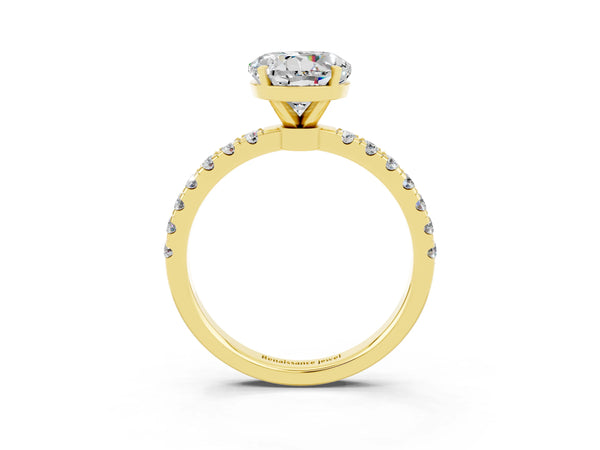 Yellow gold Round Cut Moissanite Solitaire Ring with Pavé Accents and Four-Prong Setting