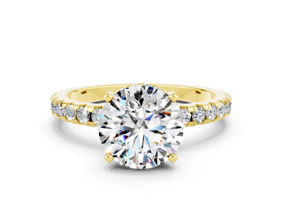Yellow gold Round Cut Moissanite Solitaire Ring with Pavé Band and Four-Prong Setting_12