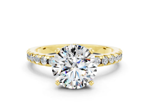 Yellow gold Round Cut Moissanite Solitaire Ring with Pavé Band and Four-Prong Setting_12