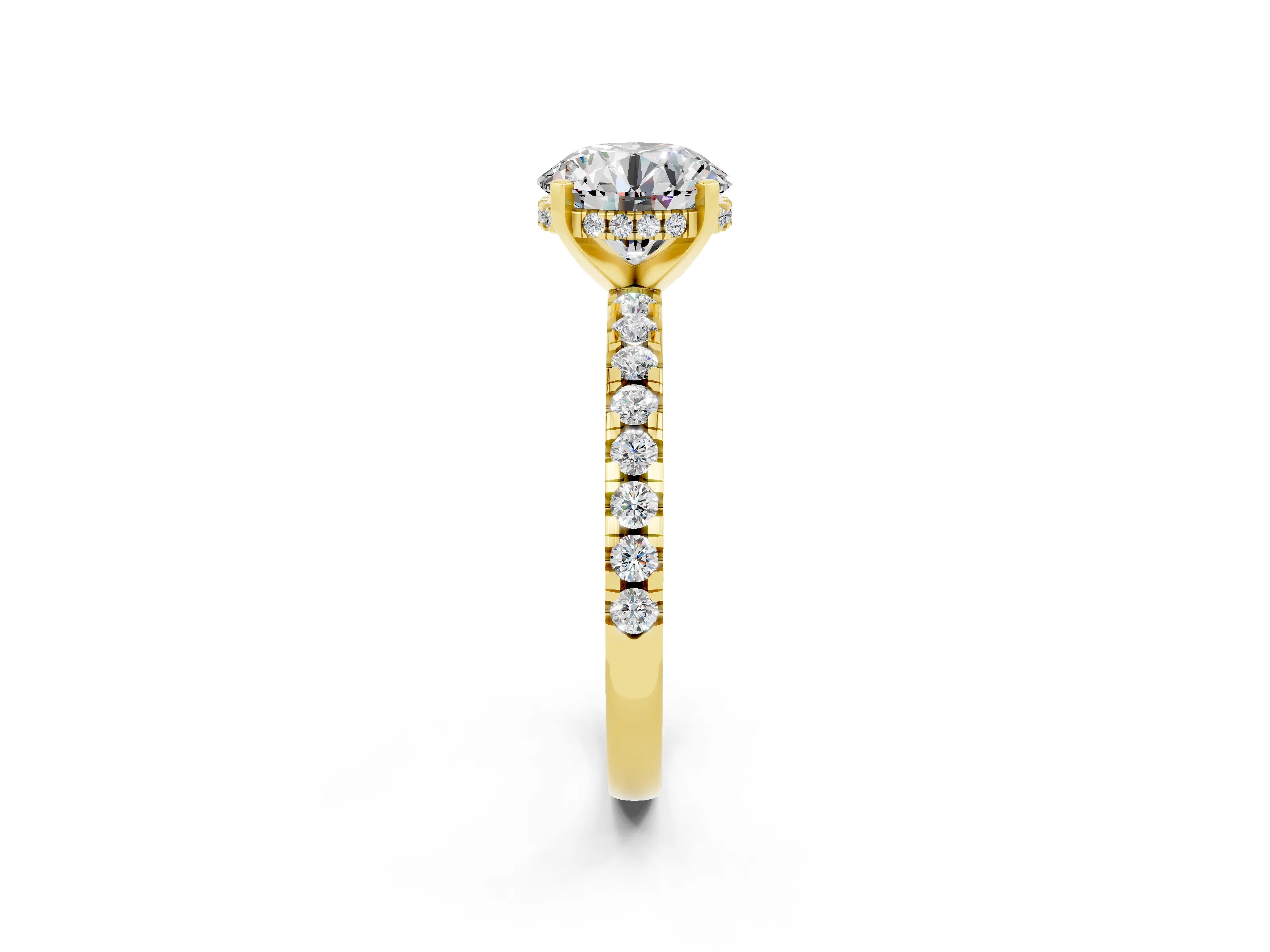 Yellow gold Round Cut Moissanite Solitaire Ring with Pavé Band and Four-Prong Setting_14