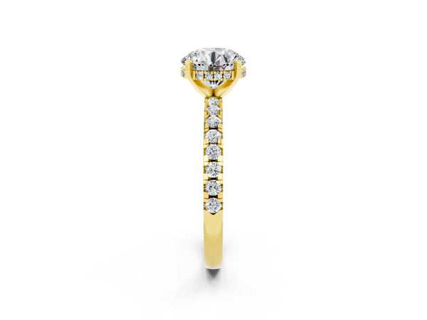 Yellow gold Round Cut Moissanite Solitaire Ring with Round  Pavé Band and Four-Prong Setting