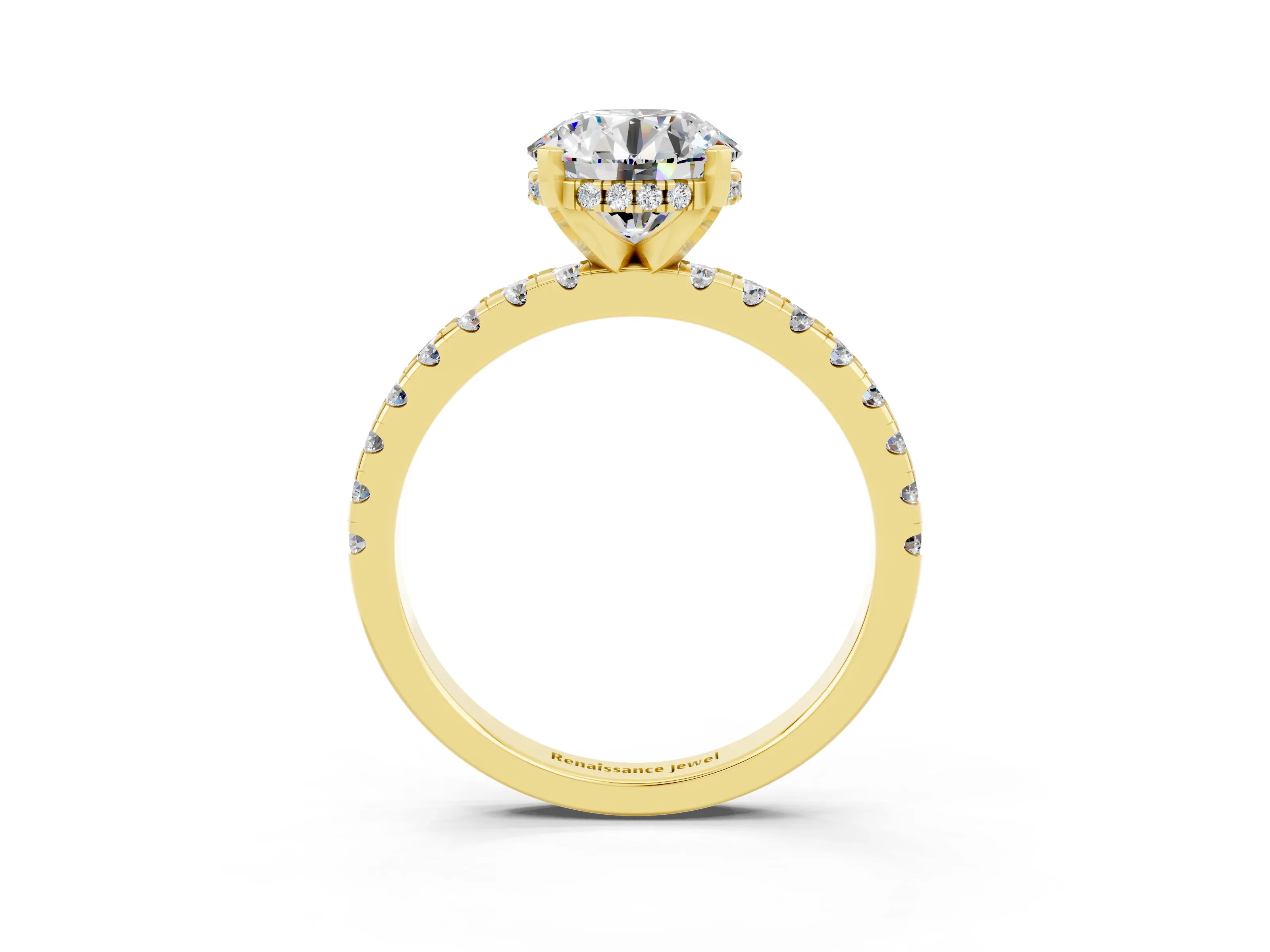 Yellow gold Round Cut Moissanite Solitaire Ring with Pavé Band and Four-Prong Setting_15