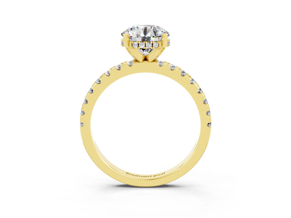 Yellow gold Round Cut Moissanite Solitaire Ring with Round  Pavé Band and Four-Prong Setting