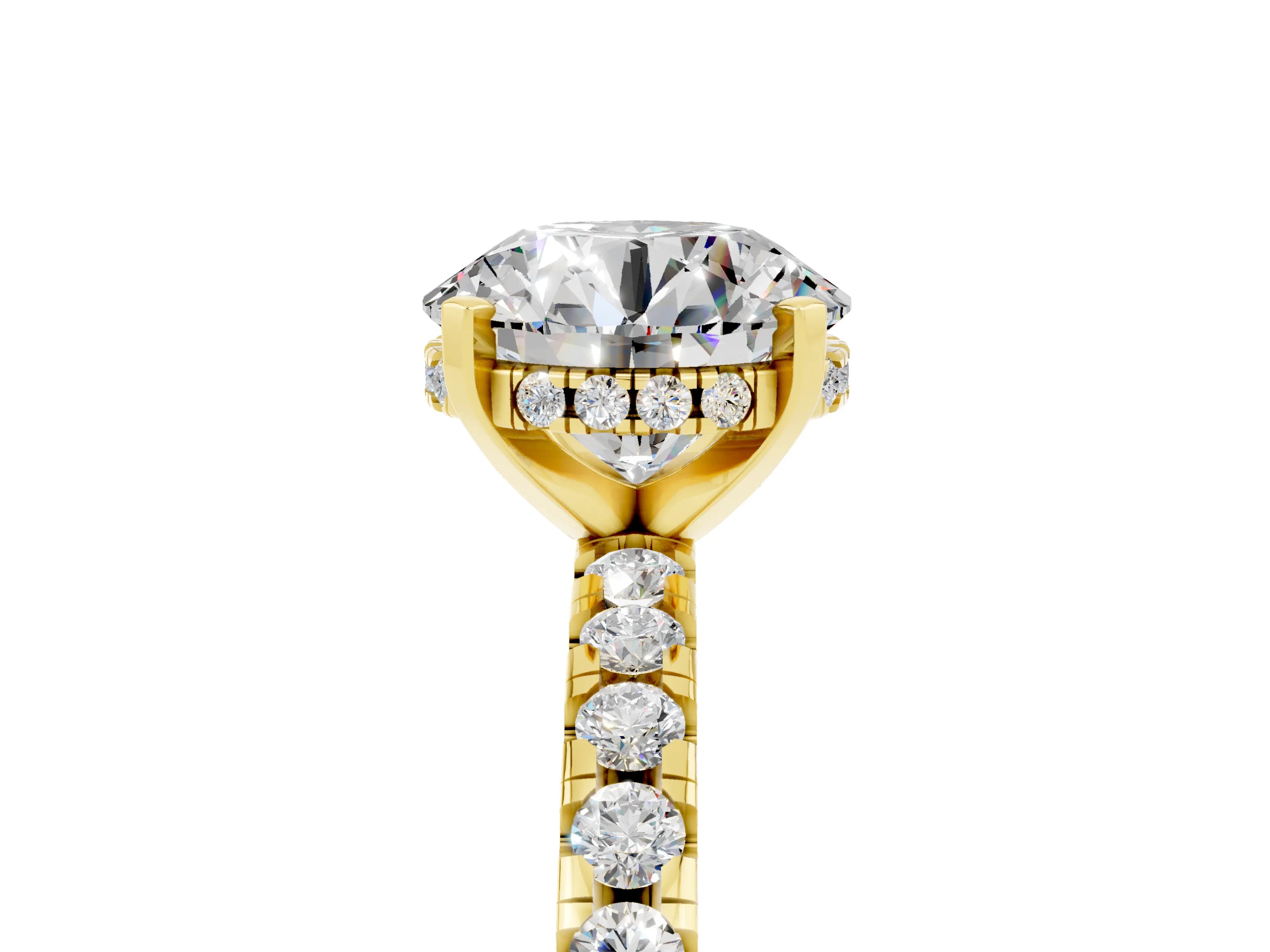 Yellow gold Round Cut Moissanite Solitaire Ring with Pavé Band and Four-Prong Setting_17