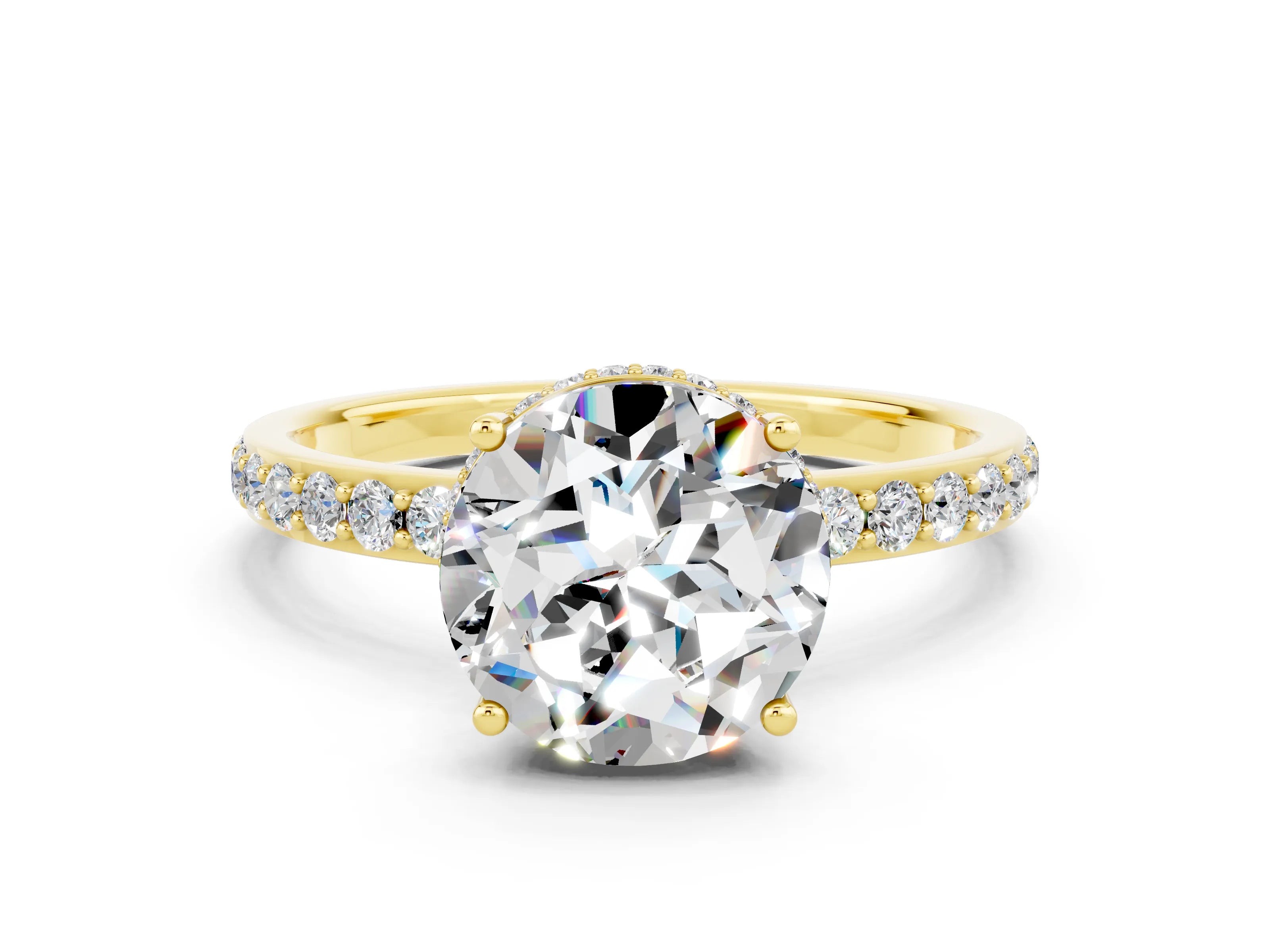 Yellow gold Round Cut Moissanite Solitaire Ring with Pavé Band and Hidden Halo_12