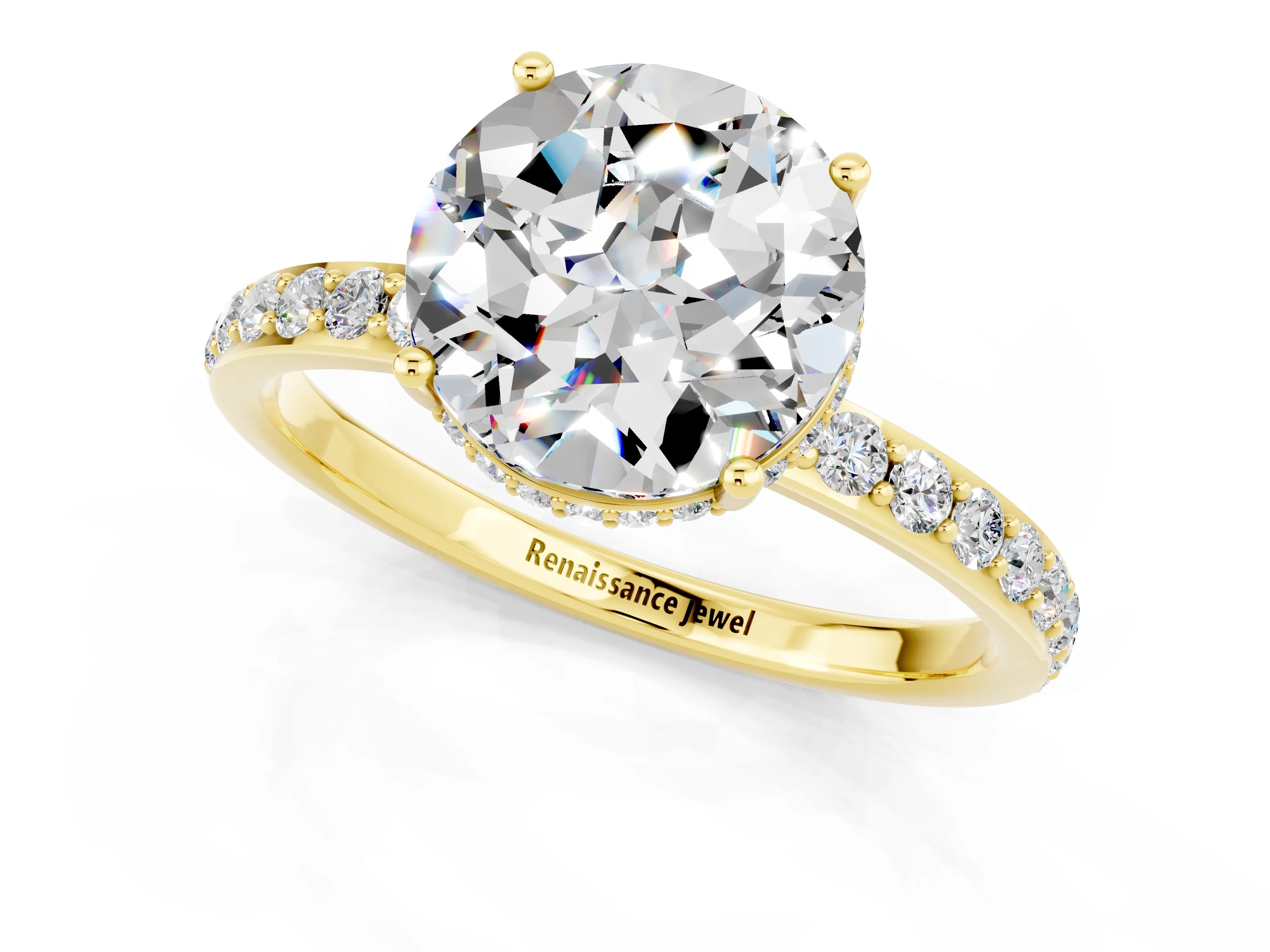 Yellow gold Round Cut Moissanite Solitaire Ring with Pavé Band and Hidden Halo_13