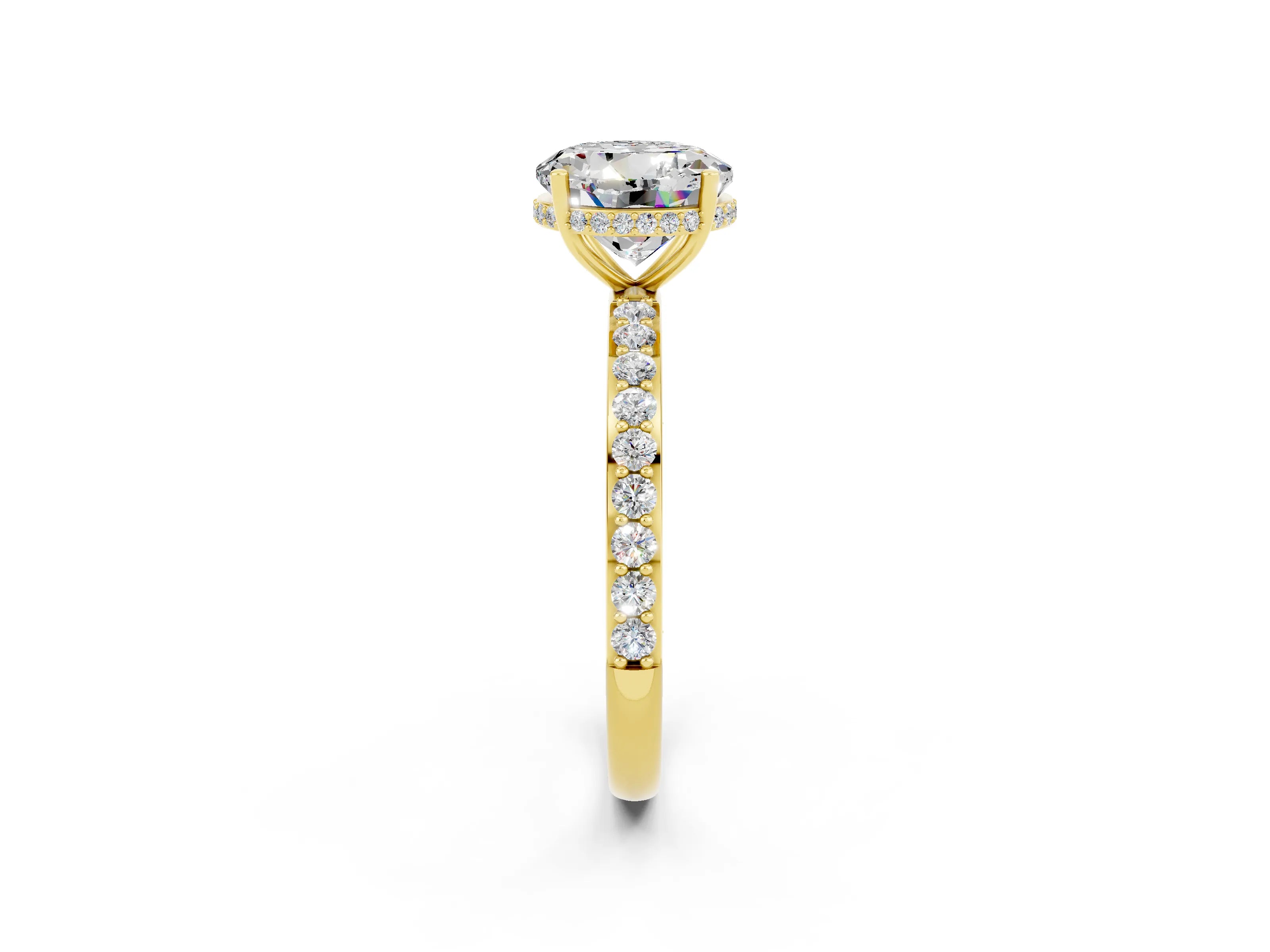 Yellow gold Round Cut Moissanite Solitaire Ring with Pavé Band and Hidden Halo_14