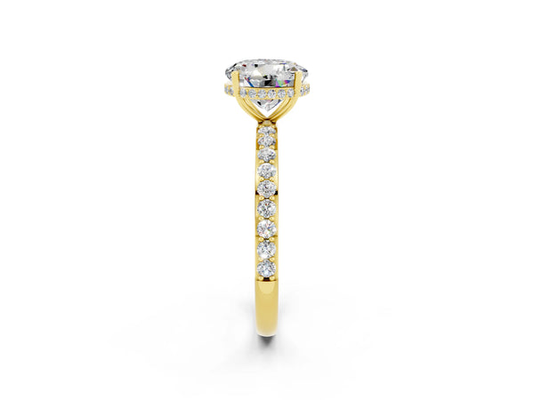 Yellow gold Round Cut Moissanite Solitaire Ring with Pavé Band and Hidden Halo