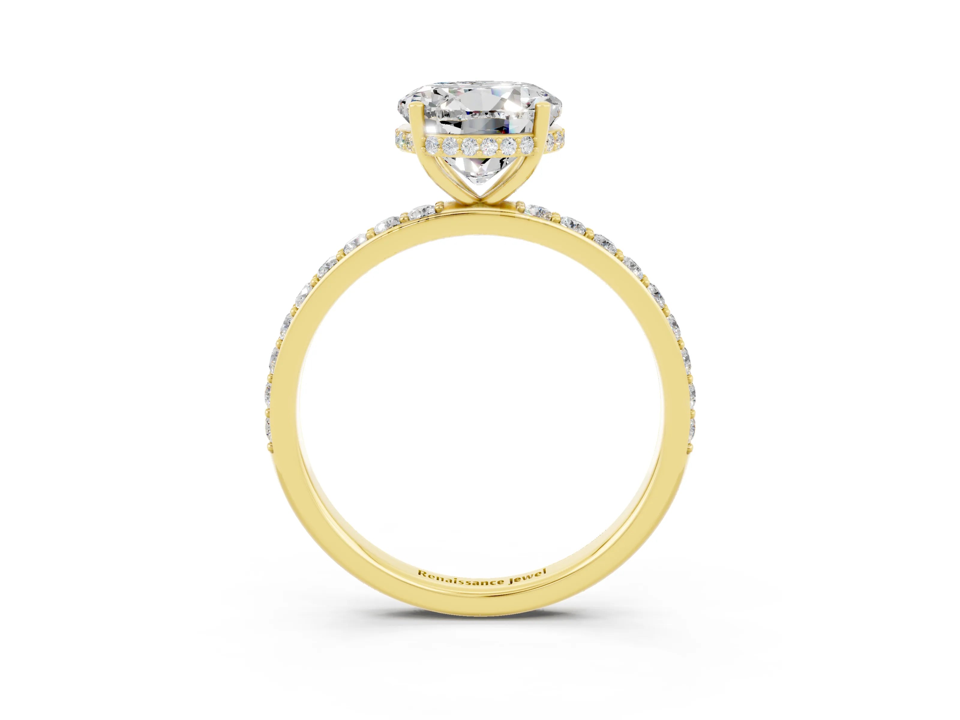 Yellow gold Round Cut Moissanite Solitaire Ring with Pavé Band and Hidden Halo_15