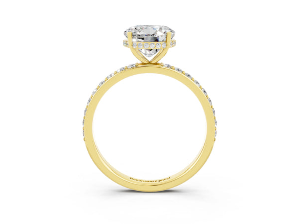 Yellow gold Round Cut Moissanite Solitaire Ring with Pavé Band and Hidden Halo
