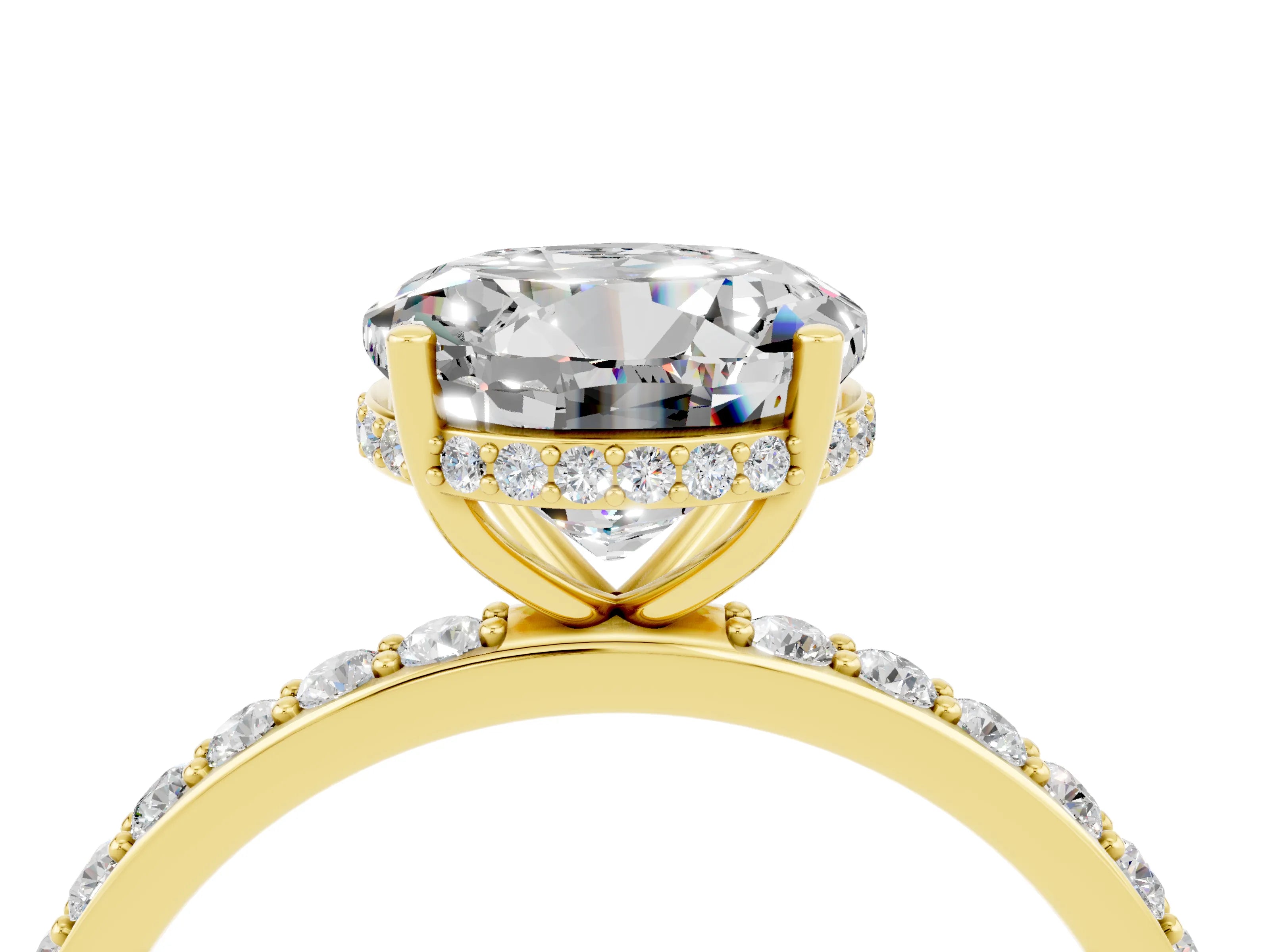 Yellow gold Round Cut Moissanite Solitaire Ring with Pavé Band and Hidden Halo_16