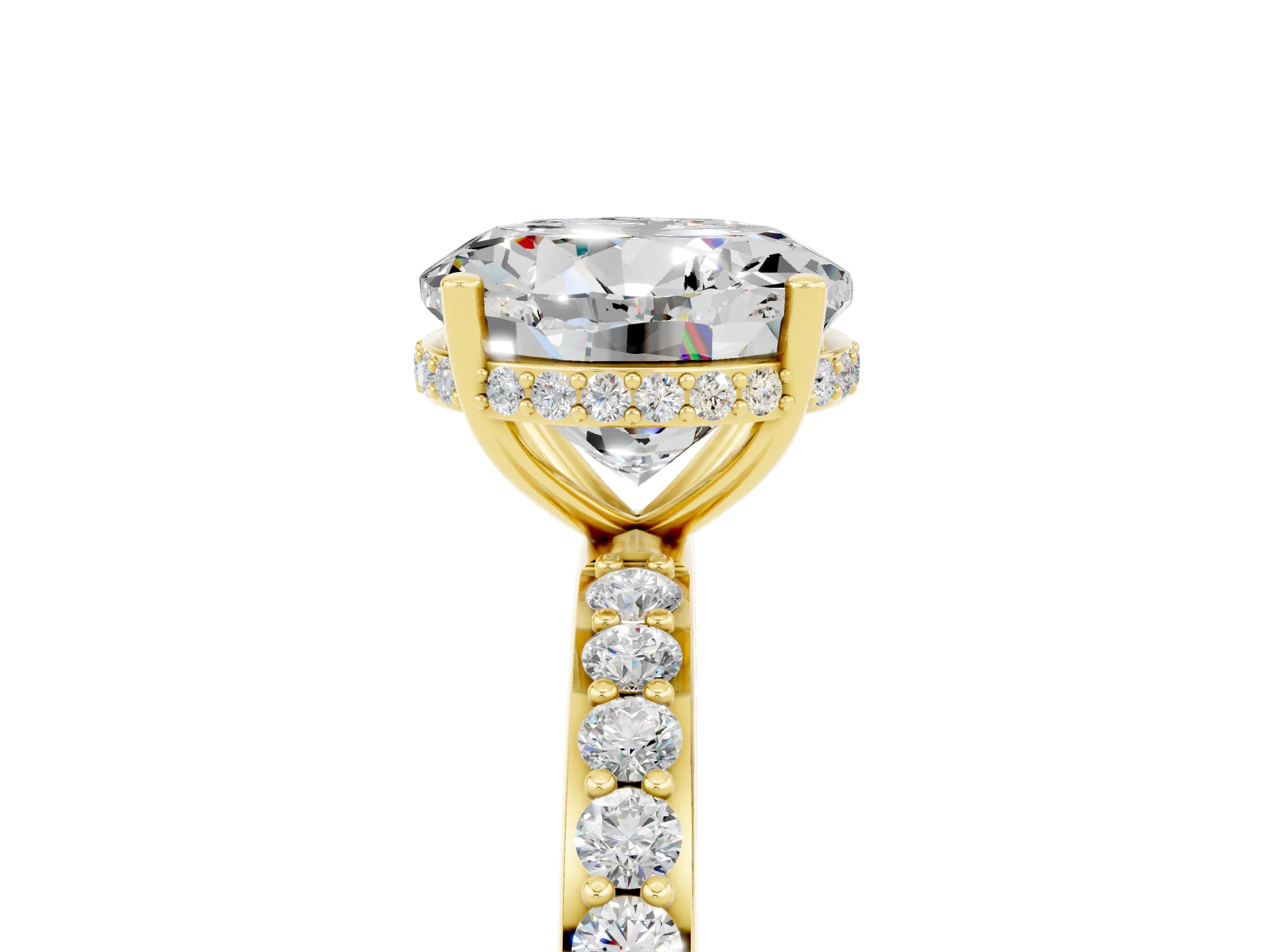 Yellow gold Round Cut Moissanite Solitaire Ring with Pavé Band and Hidden Halo_17