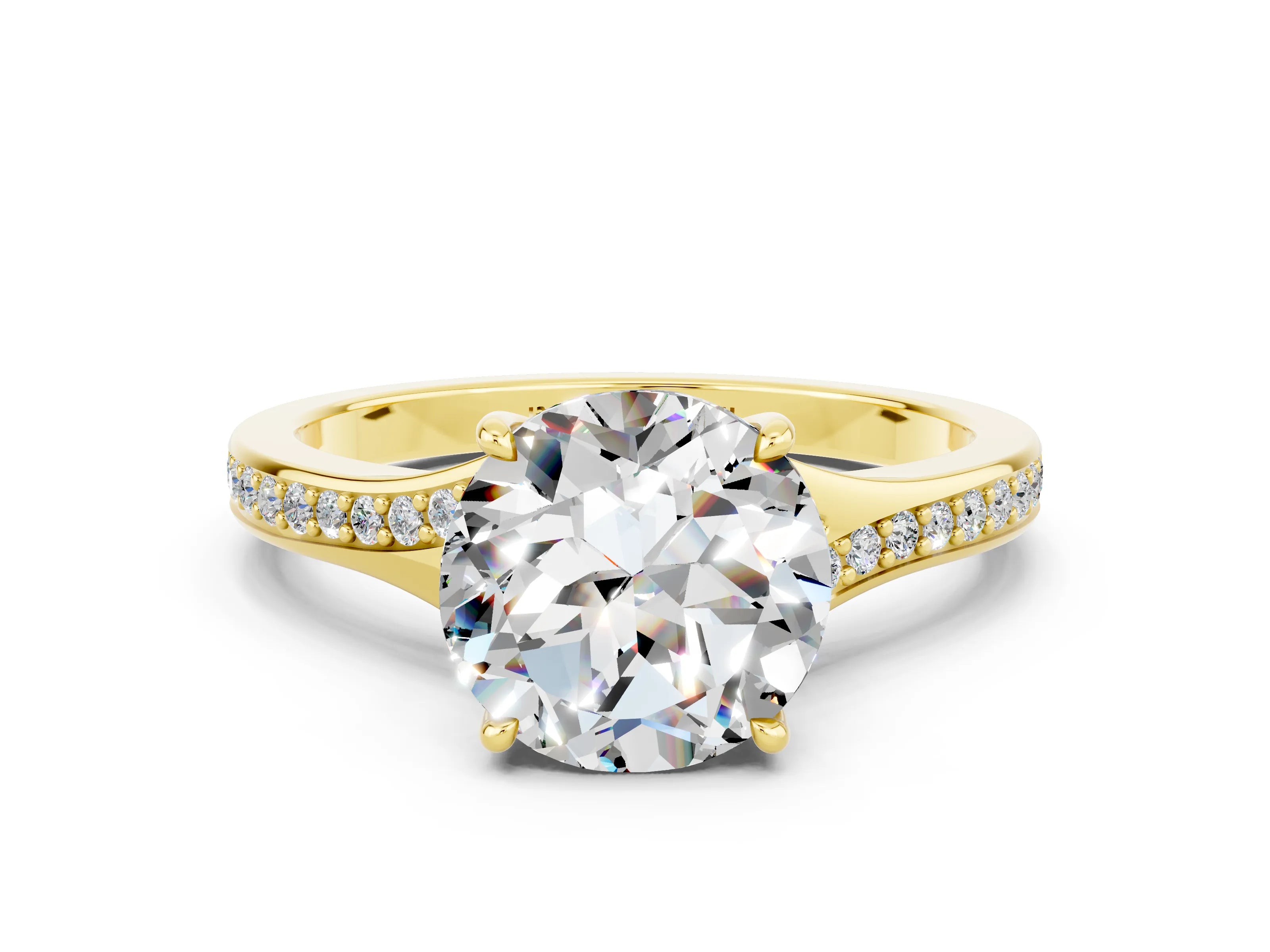 Yellow gold Round Cut Moissanite Solitaire Ring with Pavé Band and Prong Setting
