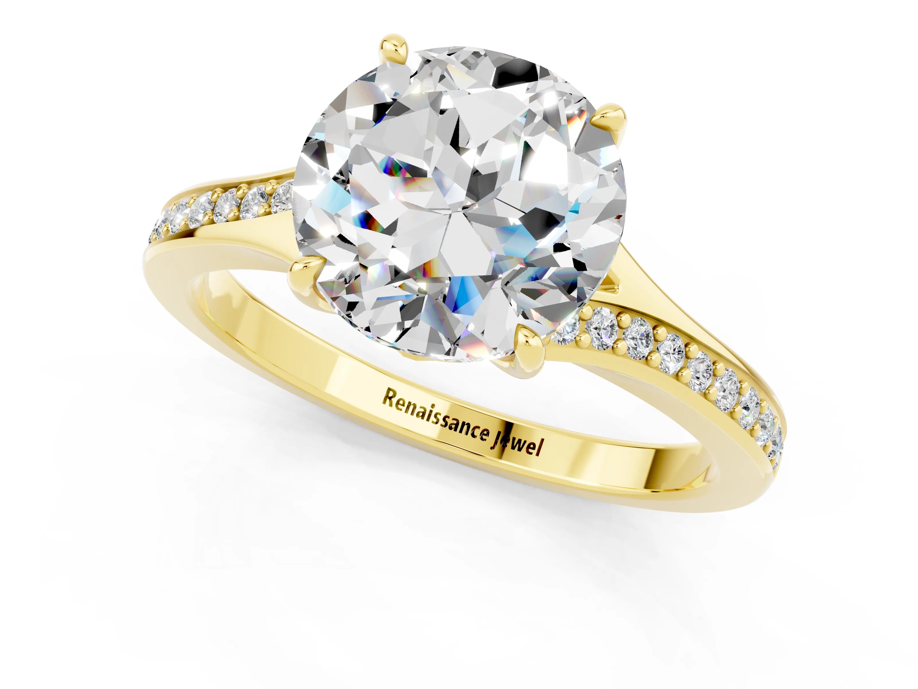 Yellow gold Round Cut Moissanite Solitaire Ring with Pavé Band and Prong Setting_1