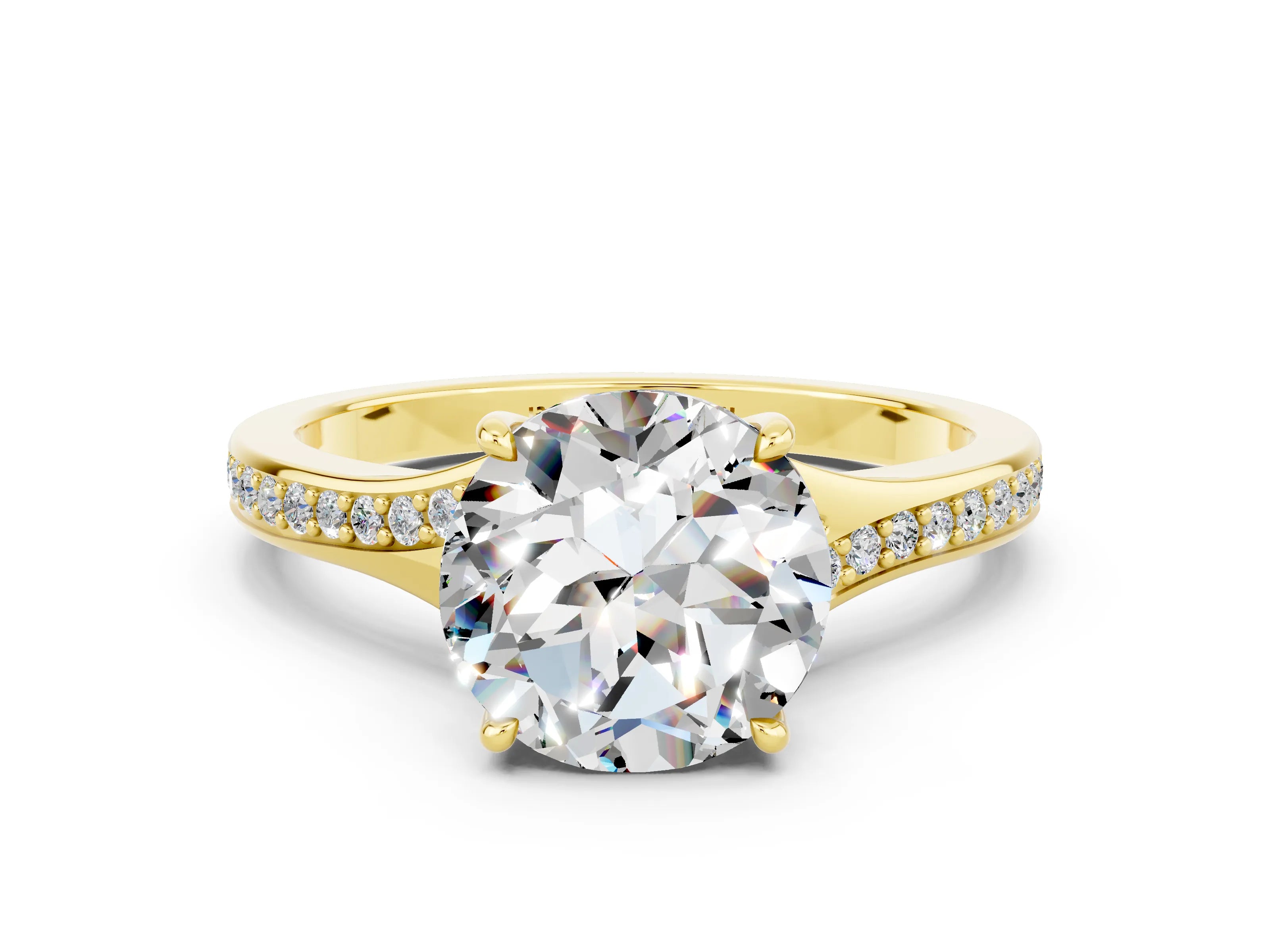 Yellow gold Round Cut Moissanite Solitaire Ring with Pavé Band and Prong Setting_12