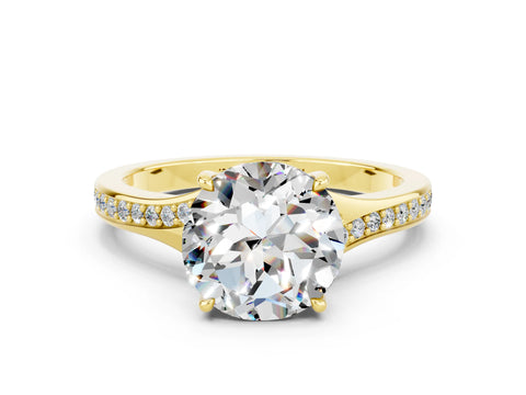 Yellow gold Round Cut Moissanite Solitaire Ring with Pavé Band and Prong Setting_12