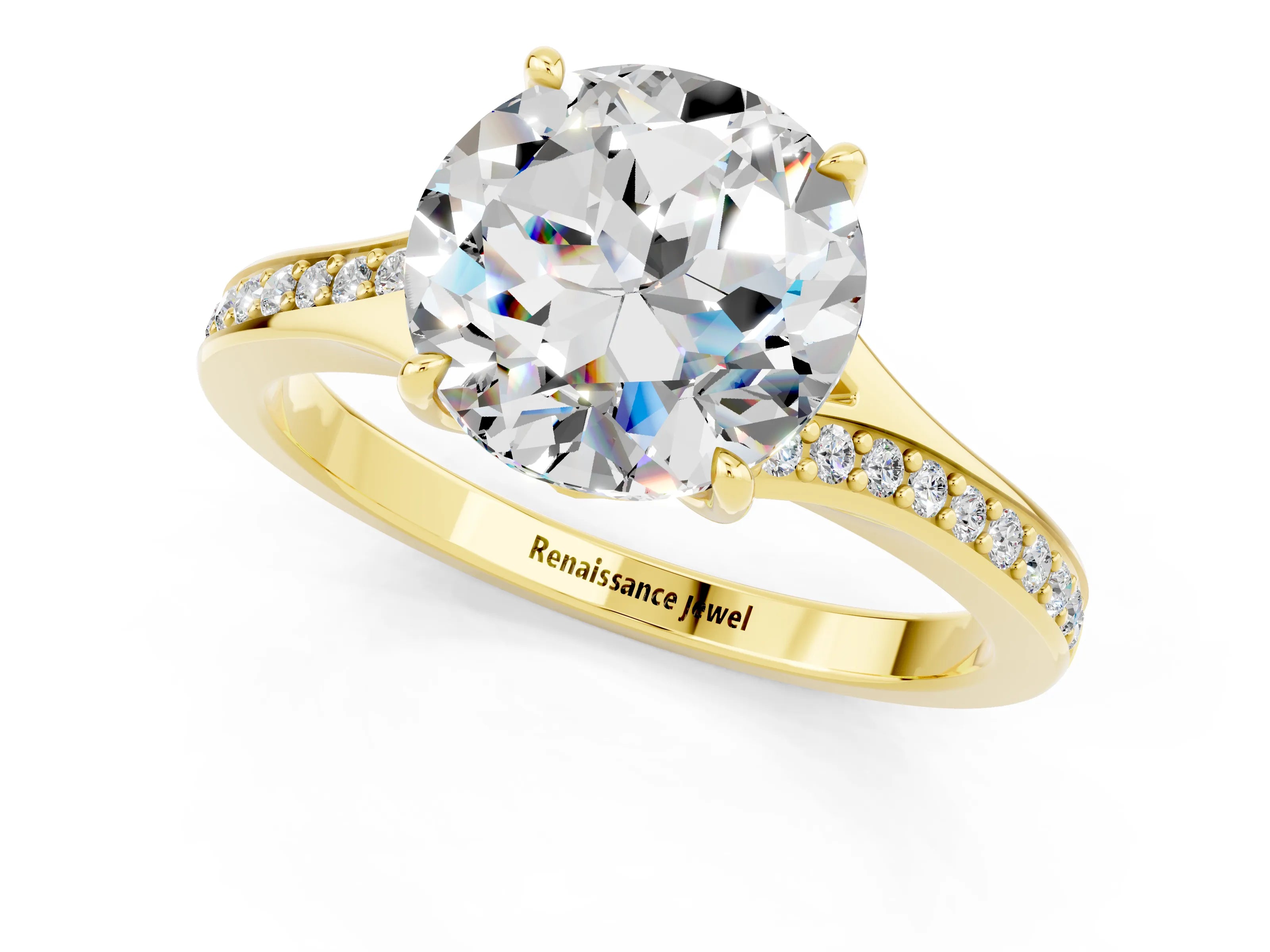 Yellow gold Round Cut Moissanite Solitaire Ring with Pavé Band and Prong Setting_13
