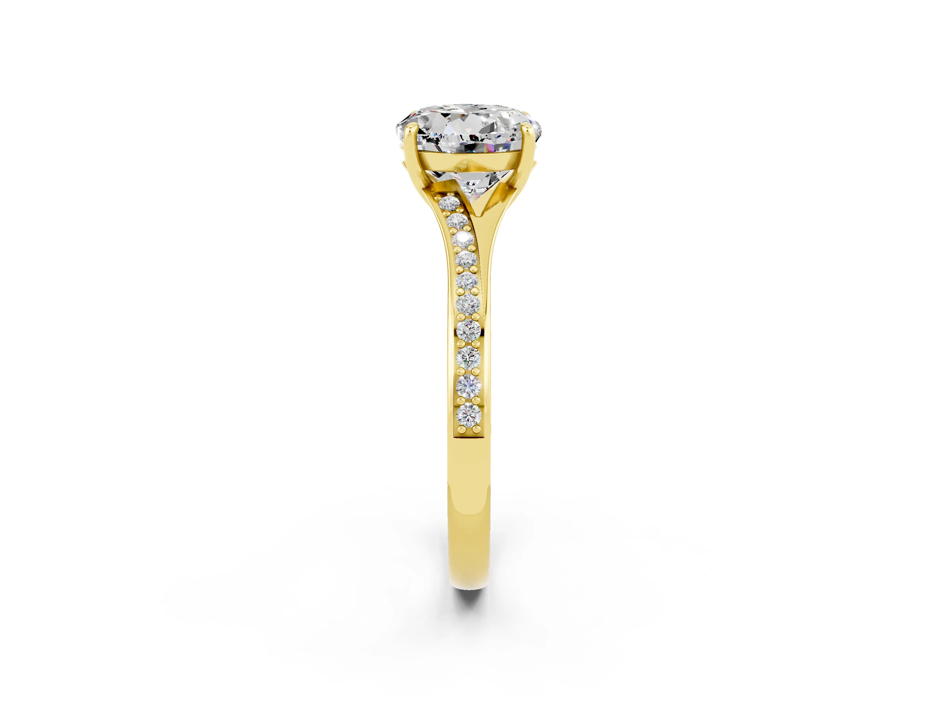 Yellow gold Round Cut Moissanite Solitaire Ring with Pavé Band and Prong Setting_14