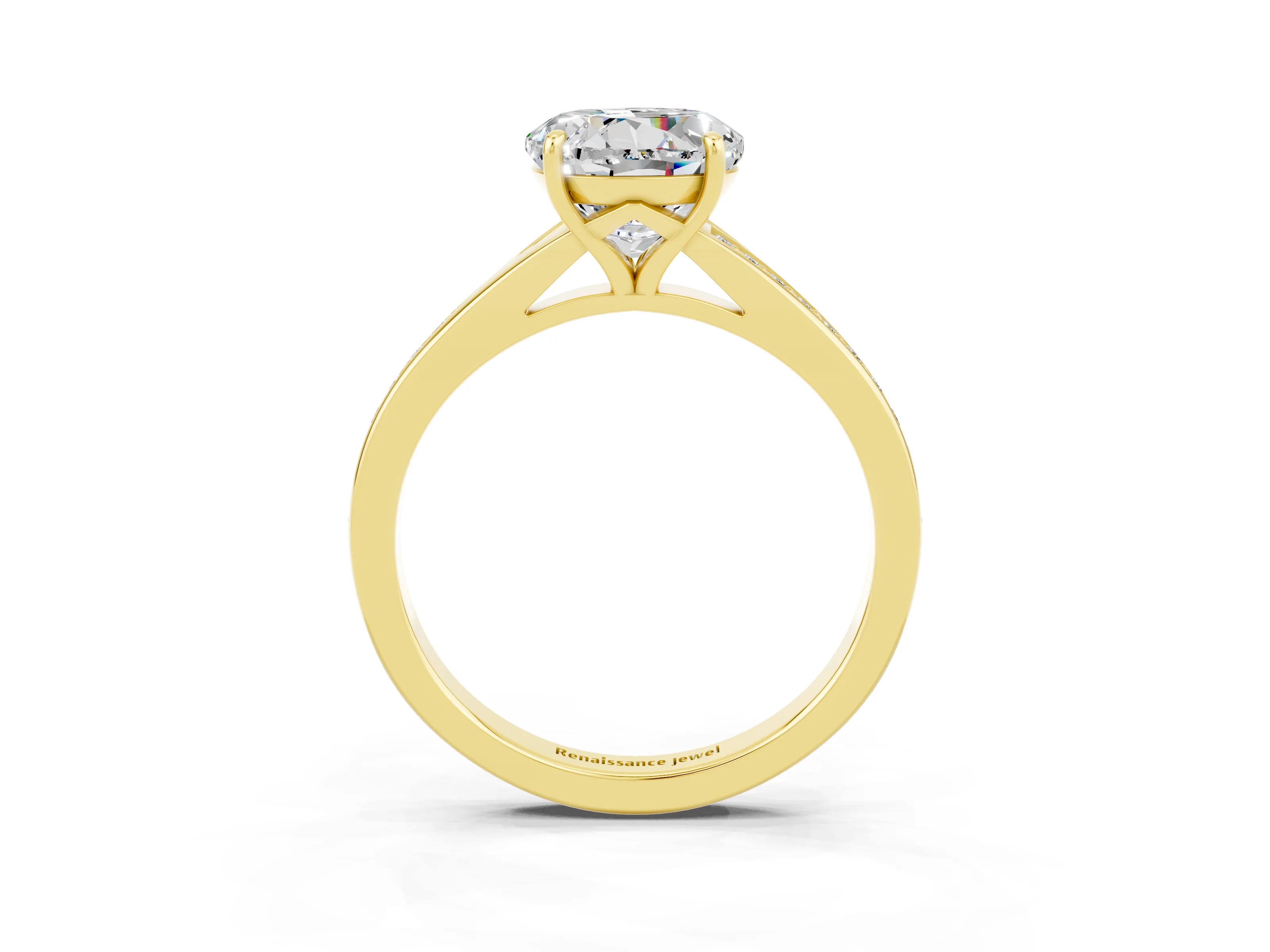 Yellow gold Round Cut Moissanite Solitaire Ring with Pavé Band and Prong Setting_15