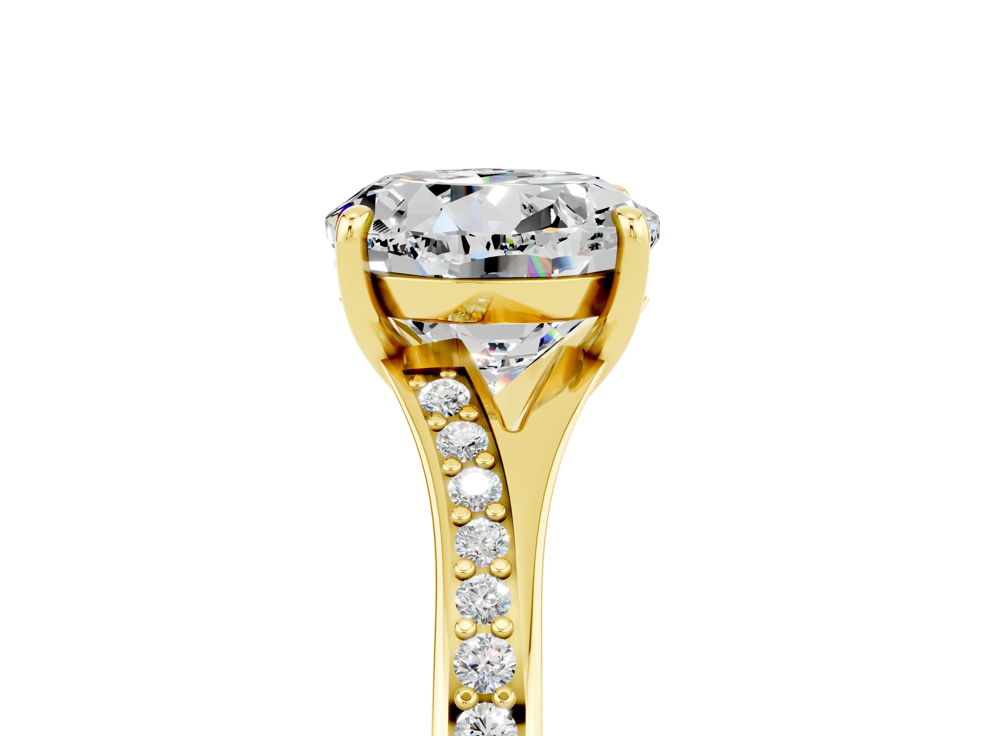Yellow gold Round Cut Moissanite Solitaire Ring with Pavé Band and Prong Setting_17