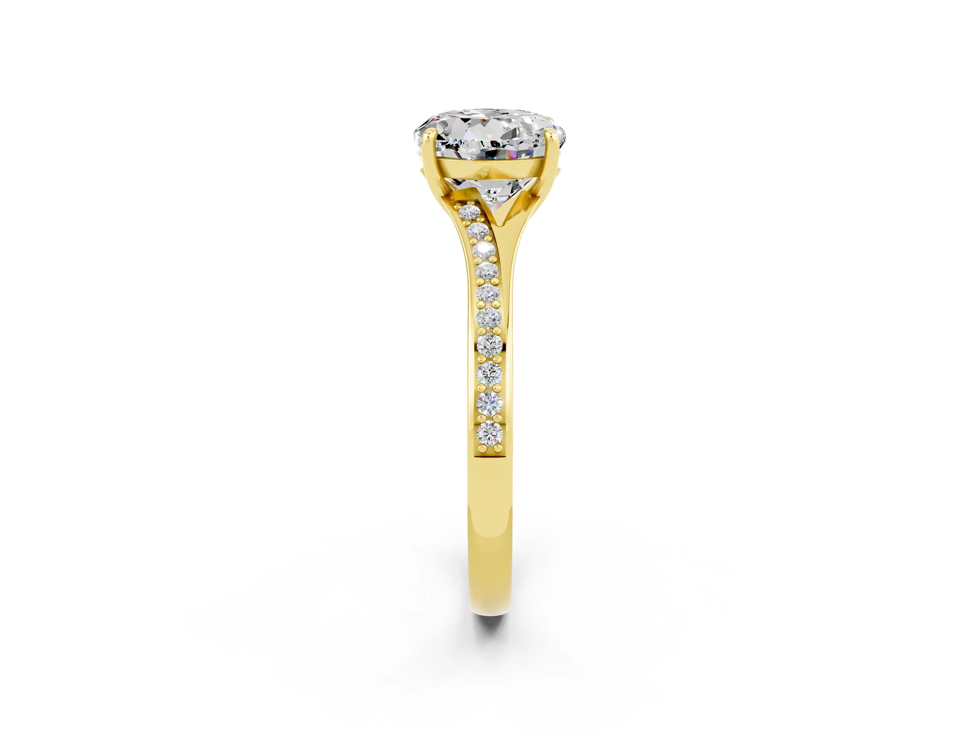Yellow gold Round Cut Moissanite Solitaire Ring with Pavé Band and Prong Setting_2