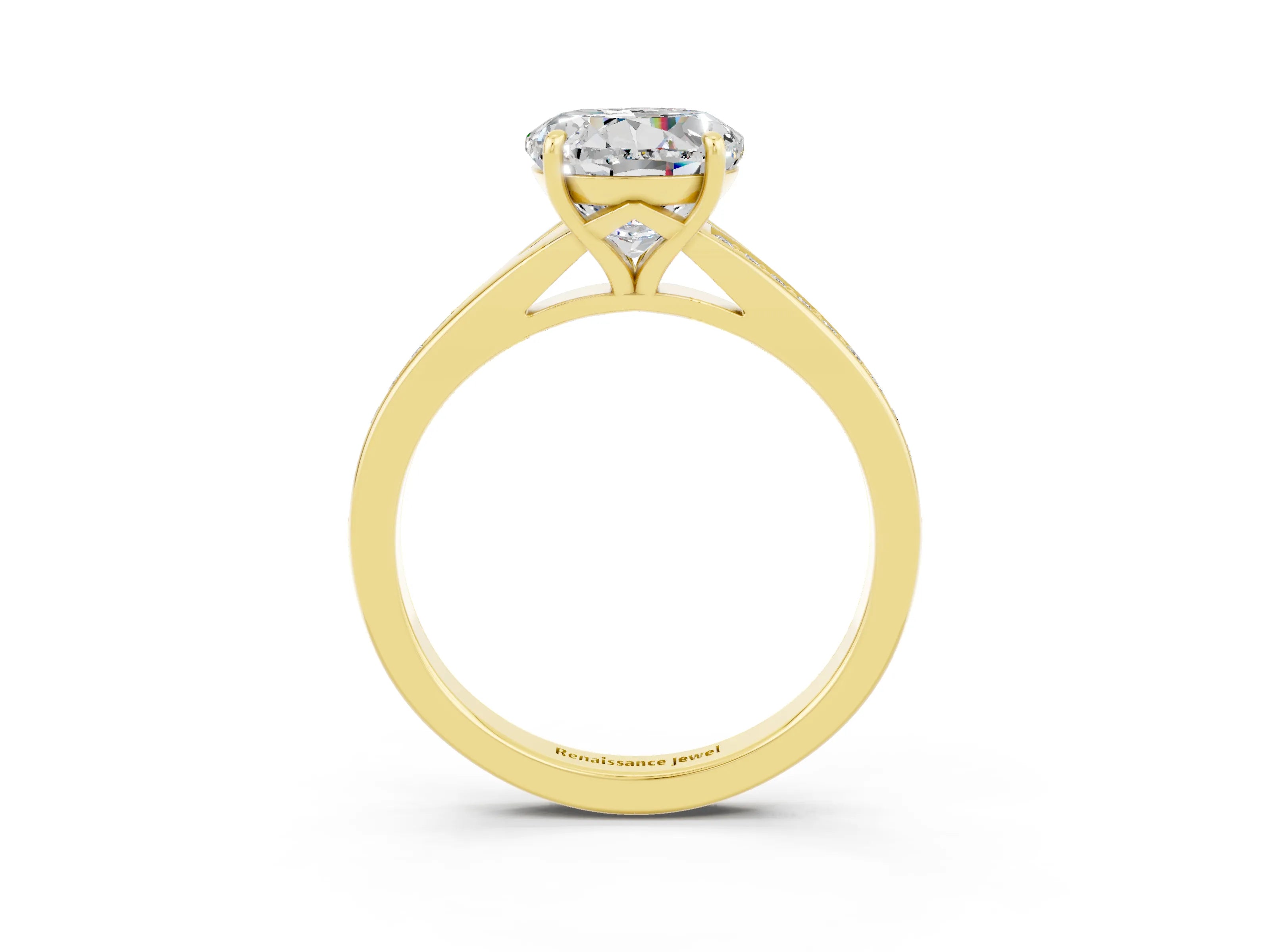 Yellow gold Round Cut Moissanite Solitaire Ring with Pavé Band and Prong Setting_3