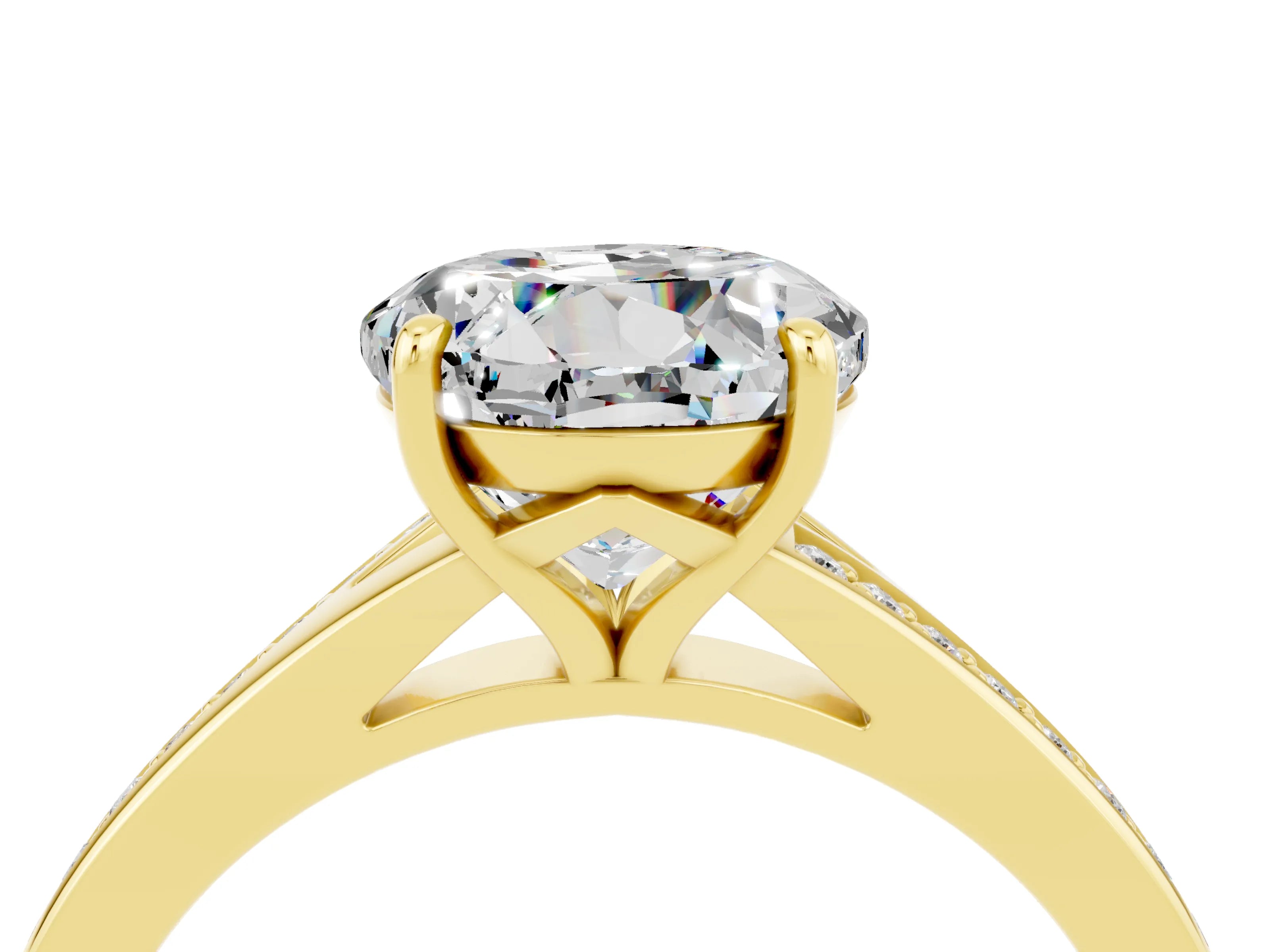 Yellow gold Round Cut Moissanite Solitaire Ring with Pavé Band and Prong Setting_4