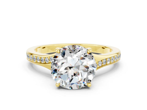 Yellow gold Round Cut Moissanite Solitaire Ring with Pavé Band and Prong Setting
