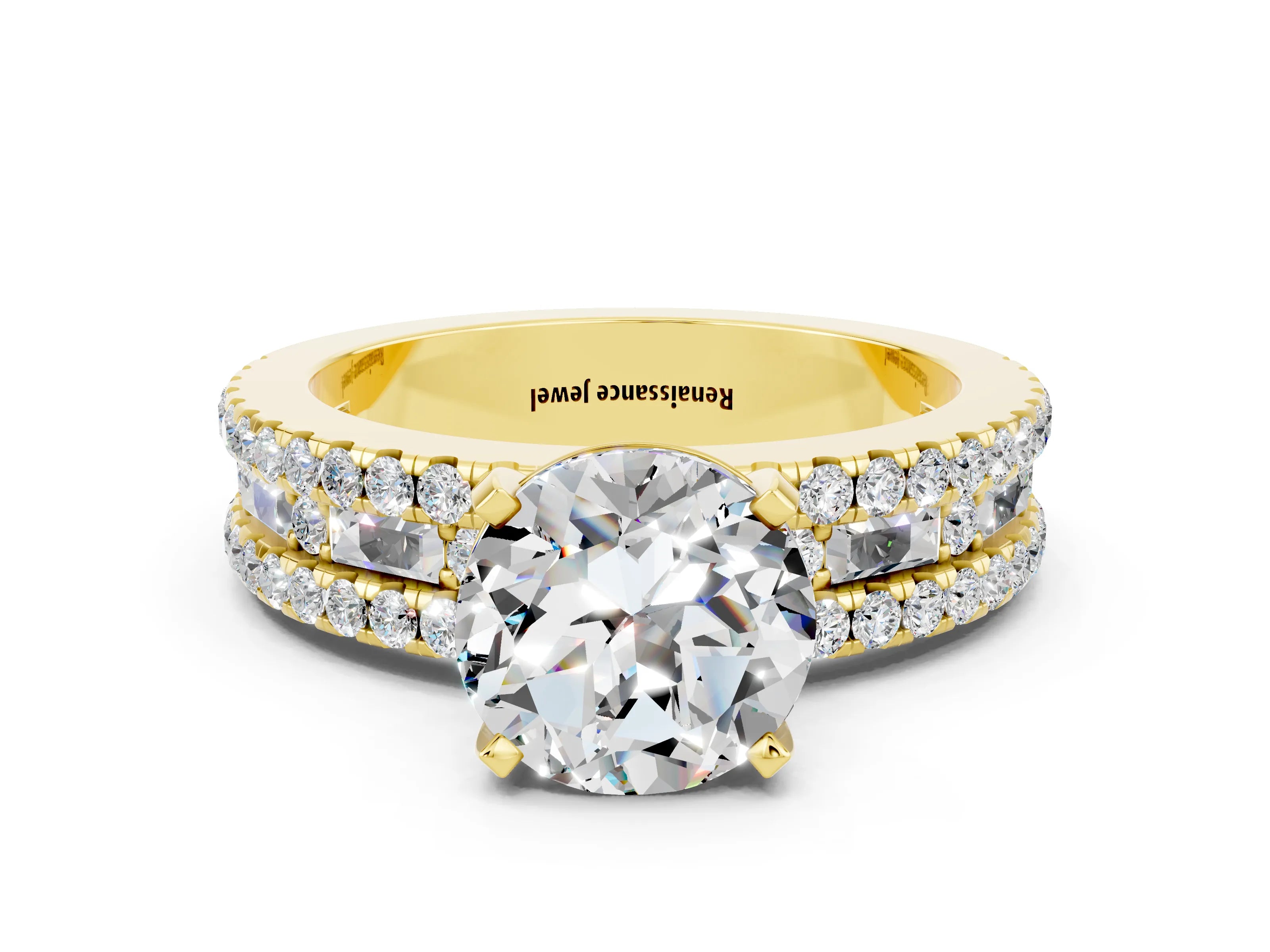 Yellow gold Round Cut Moissanite Solitaire Ring with Pavé and Channel Set Band_21