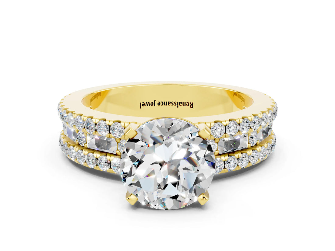 Yellow gold Round Cut Moissanite Solitaire Ring with Pavé and Channel Set Band_21