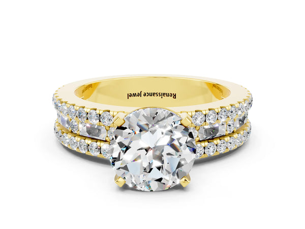 Yellow gold Round Cut Moissanite Solitaire Ring with Pavé and Channel Set Band