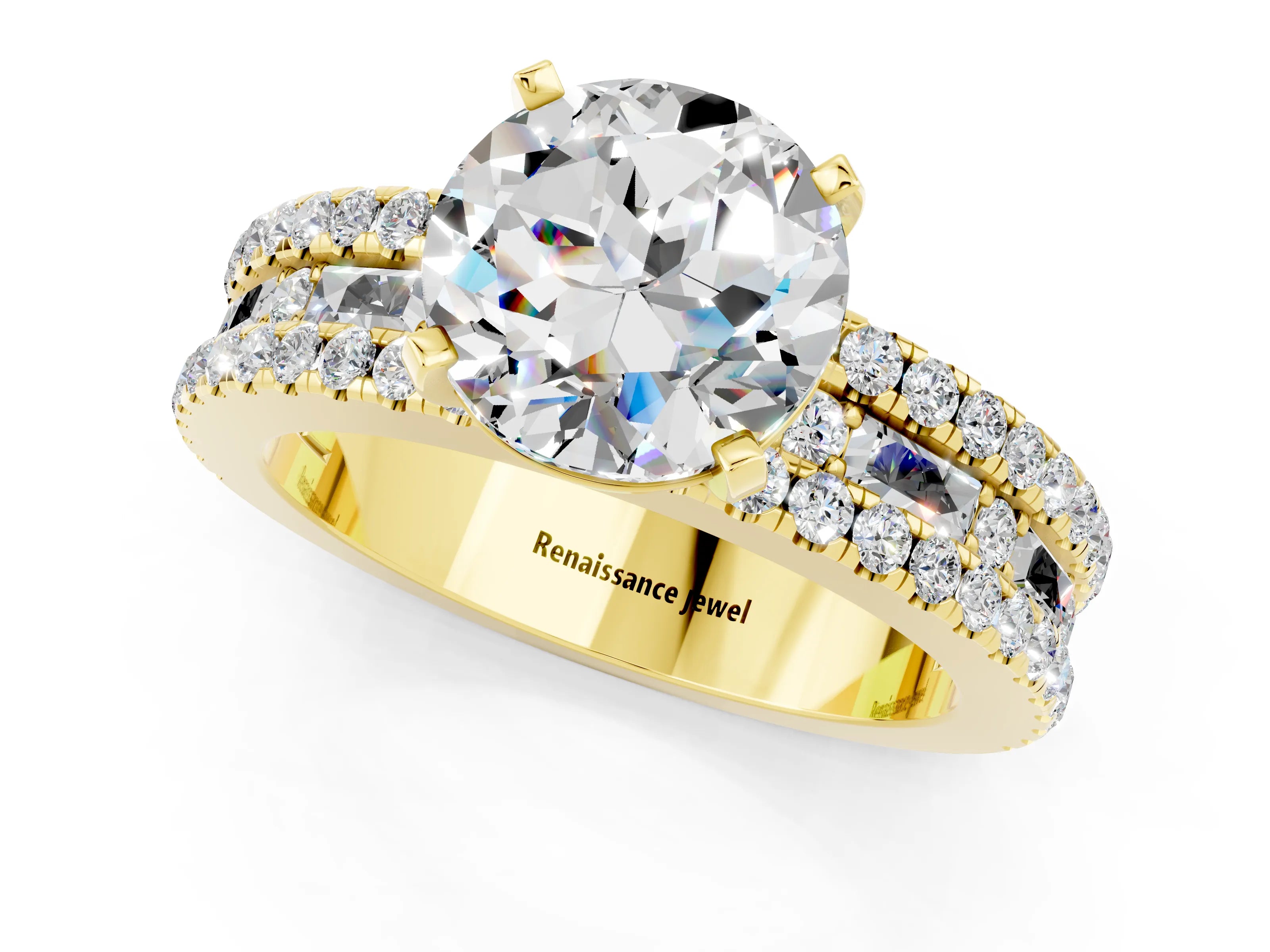 Yellow gold Round Cut Moissanite Solitaire Ring with Pavé and Channel Set Band_22