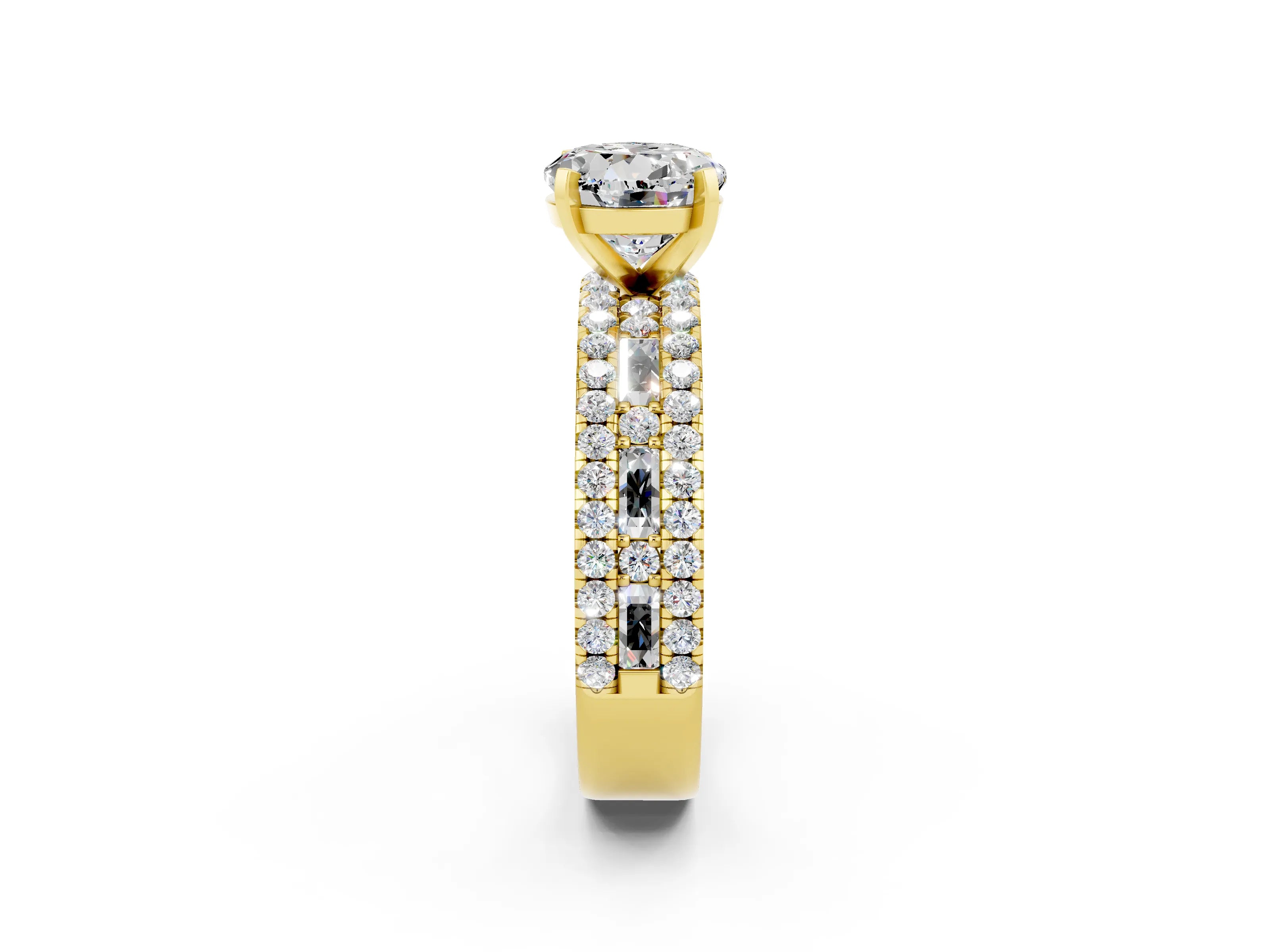 Yellow gold Round Cut Moissanite Solitaire Ring with Pavé and Channel Set Band_23