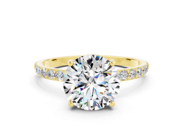 Yellow gold Round Cut Moissanite Solitaire Ring with Round  Pavé Band and Prong Setting