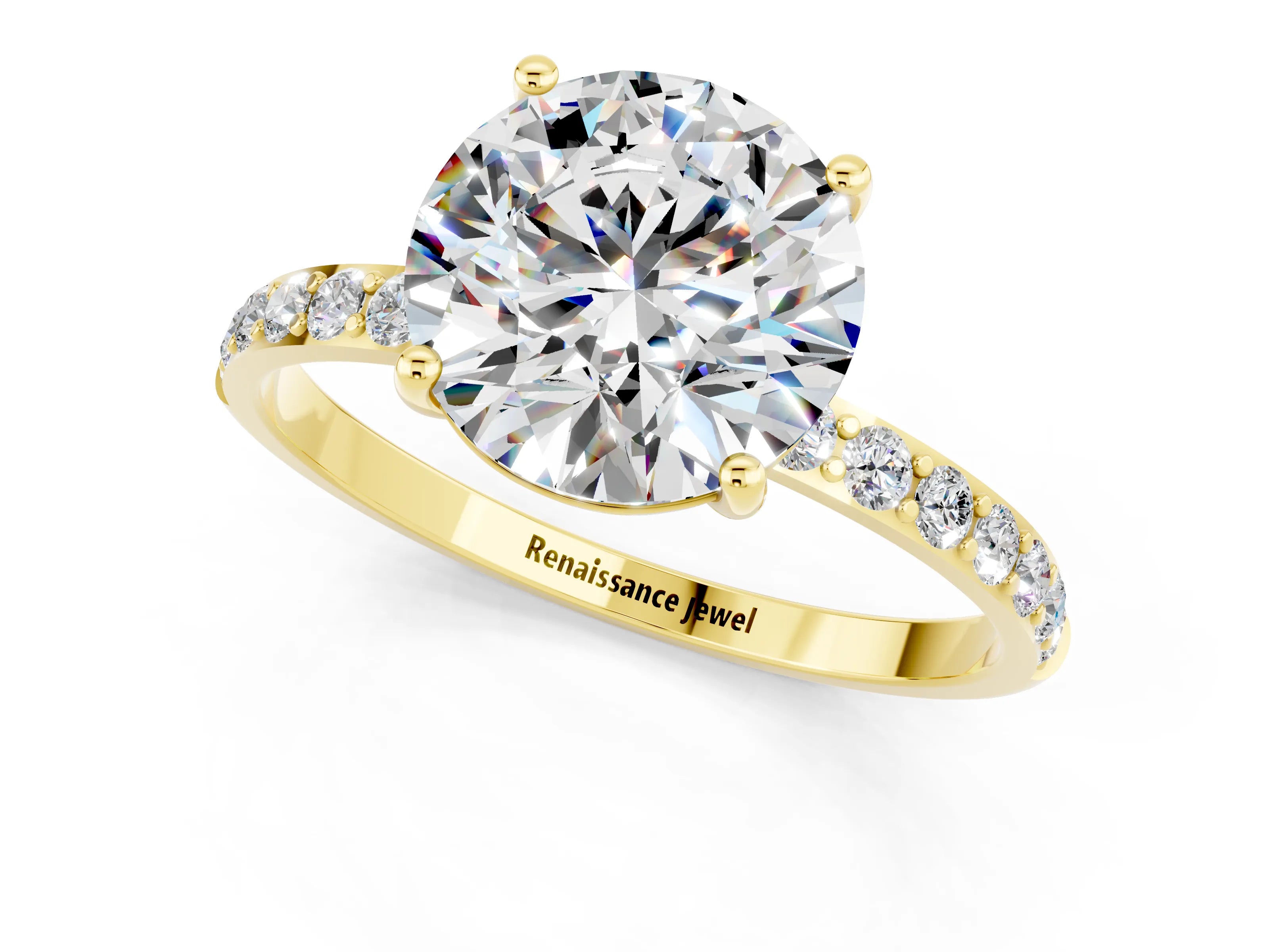 Yellow gold Round Cut Moissanite Solitaire Ring with Pave Band and Four Prong Setting_25