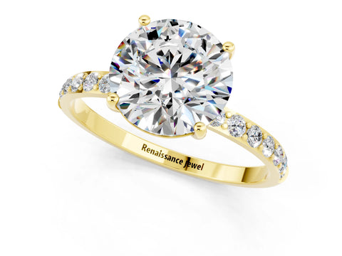 Yellow gold Round Cut Moissanite Solitaire Ring with Pave Band and Four Prong Setting_25