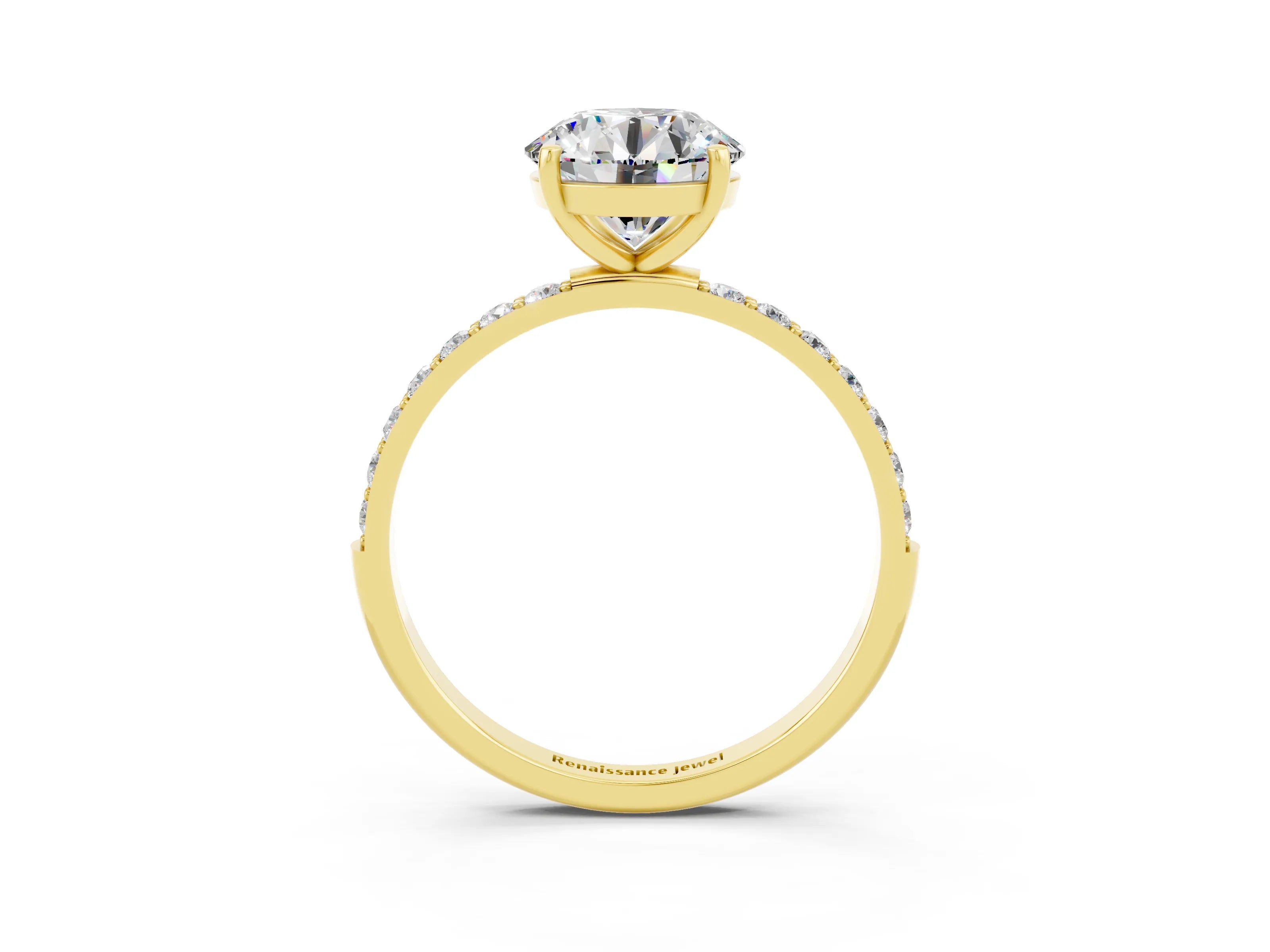 Yellow gold Round Cut Moissanite Solitaire Ring with Pave Band and Four Prong Setting_27