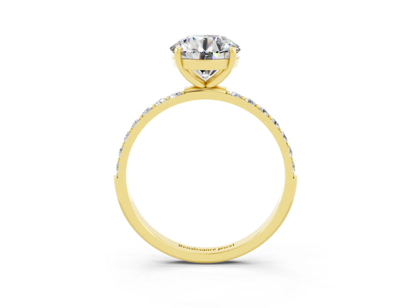 Yellow gold Round Cut Moissanite Solitaire Ring with Round  Pavé Band and Prong Setting