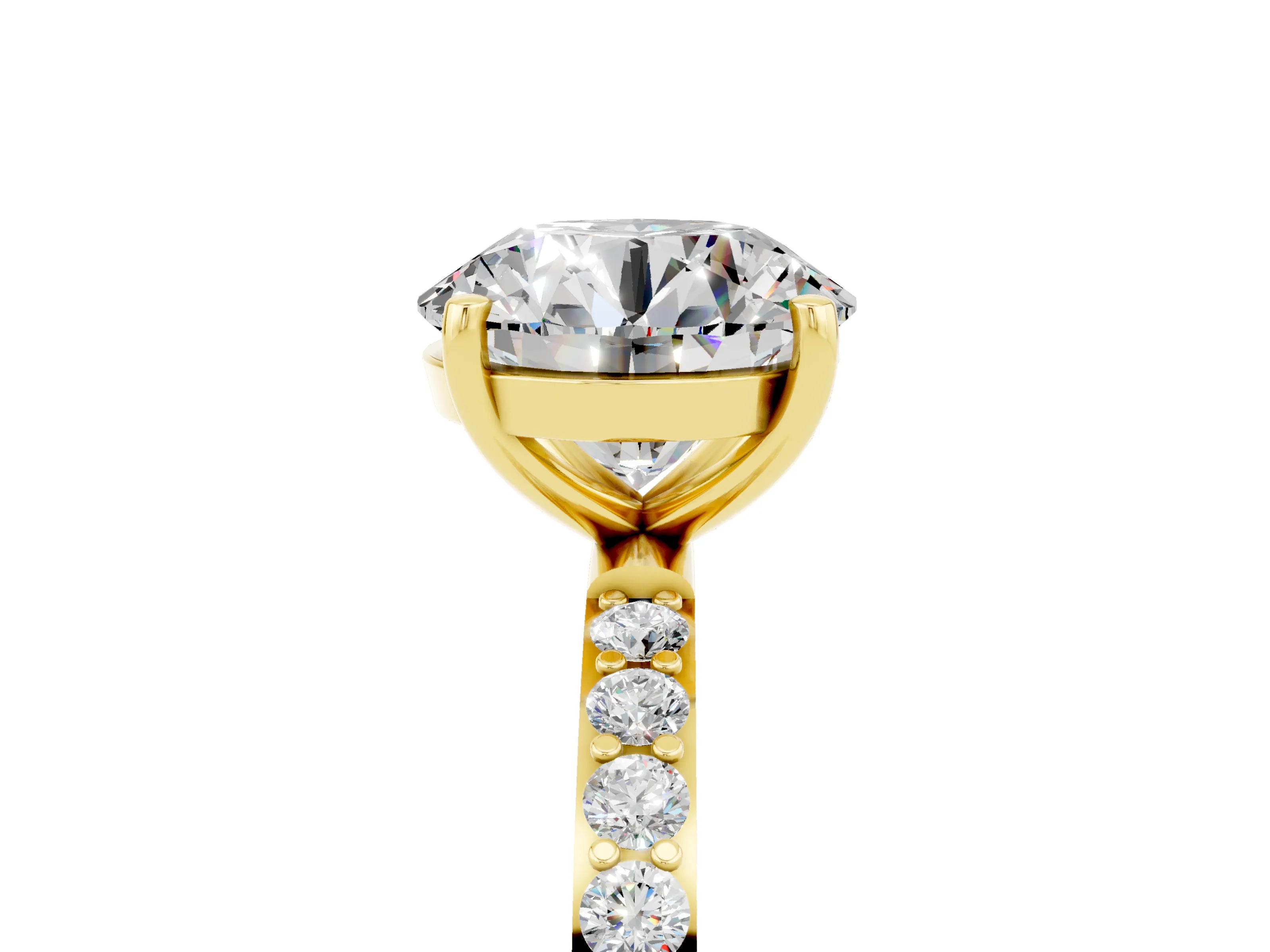 Yellow gold Round Cut Moissanite Solitaire Ring with Pave Band and Four Prong Setting_29