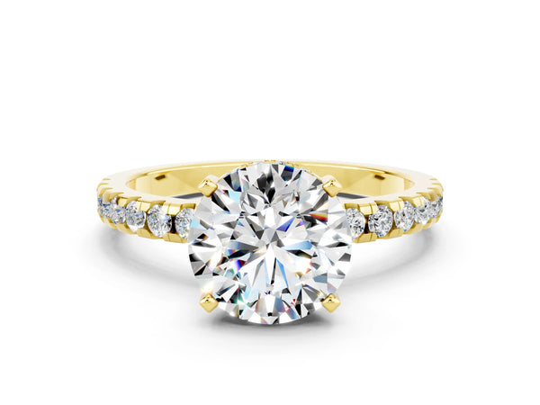 Yellow gold Round Cut Moissanite Solitaire Ring with Round  Pavé Band and Four-Prong Setting